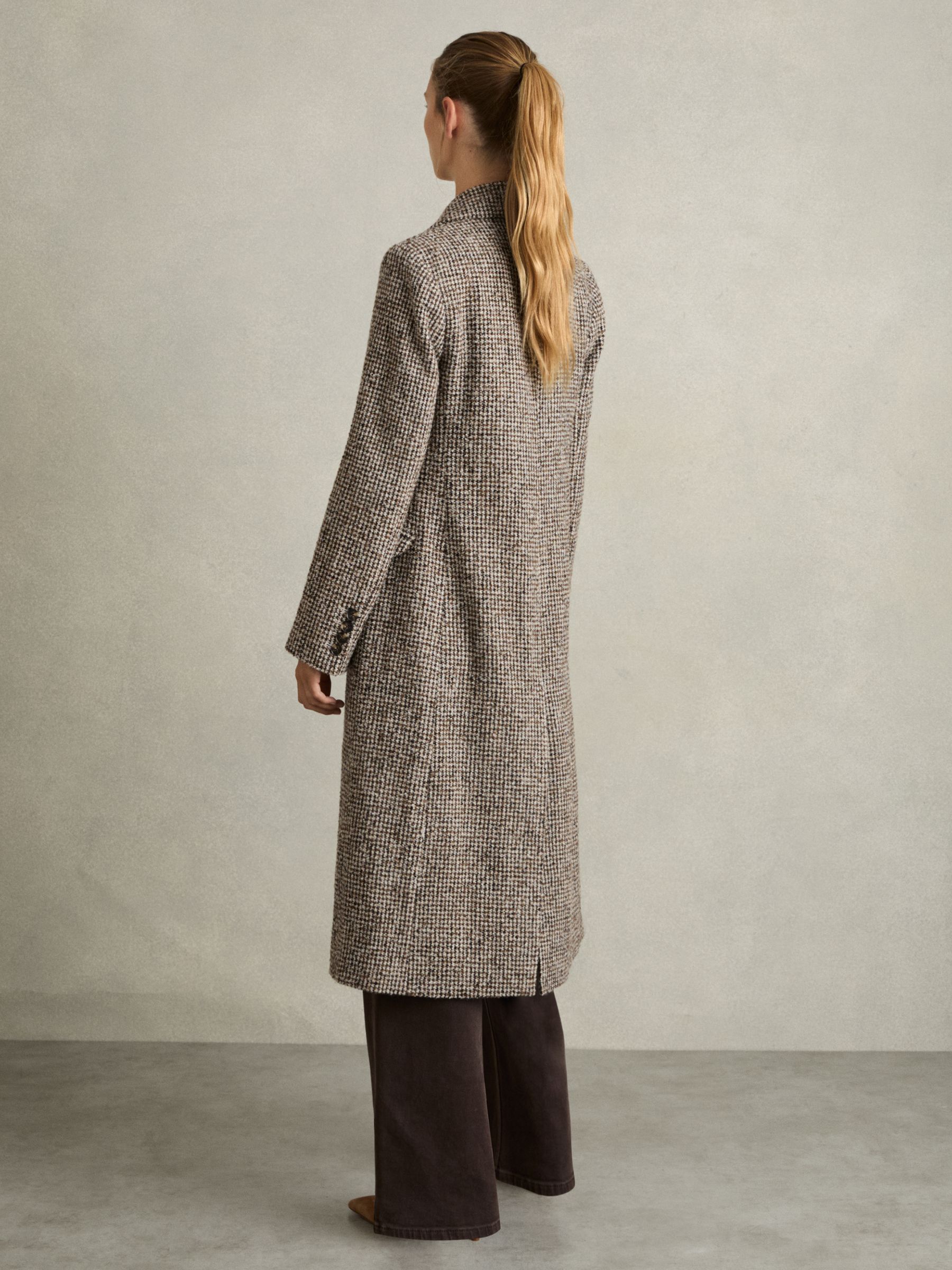 Wool-Blend Houndstooth-Check Coat in Brown Check