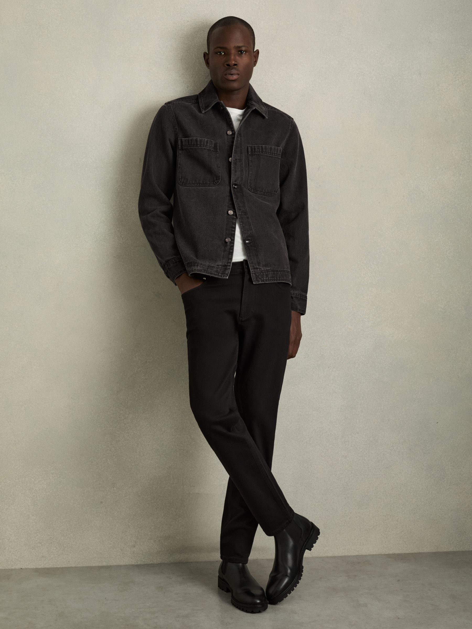 Cotton-Denim Button-Through Overshirt in Washed Black