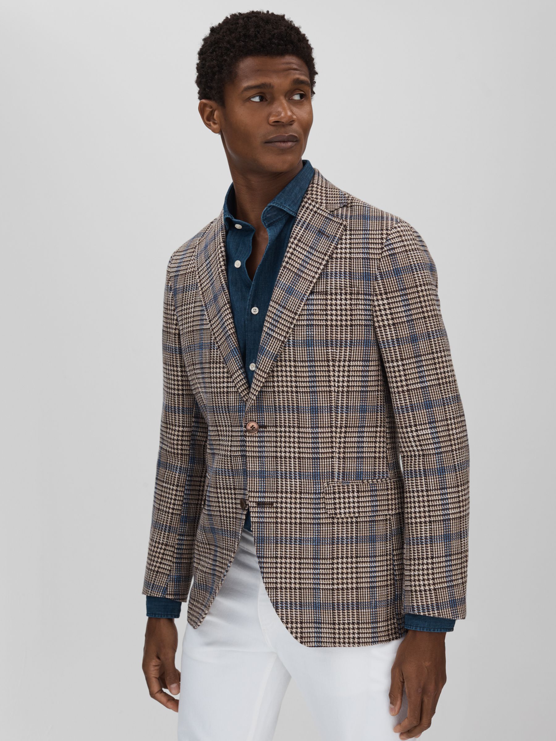 Oscar Jacobson Cotton Linen Single Breasted Check Blazer in Beige