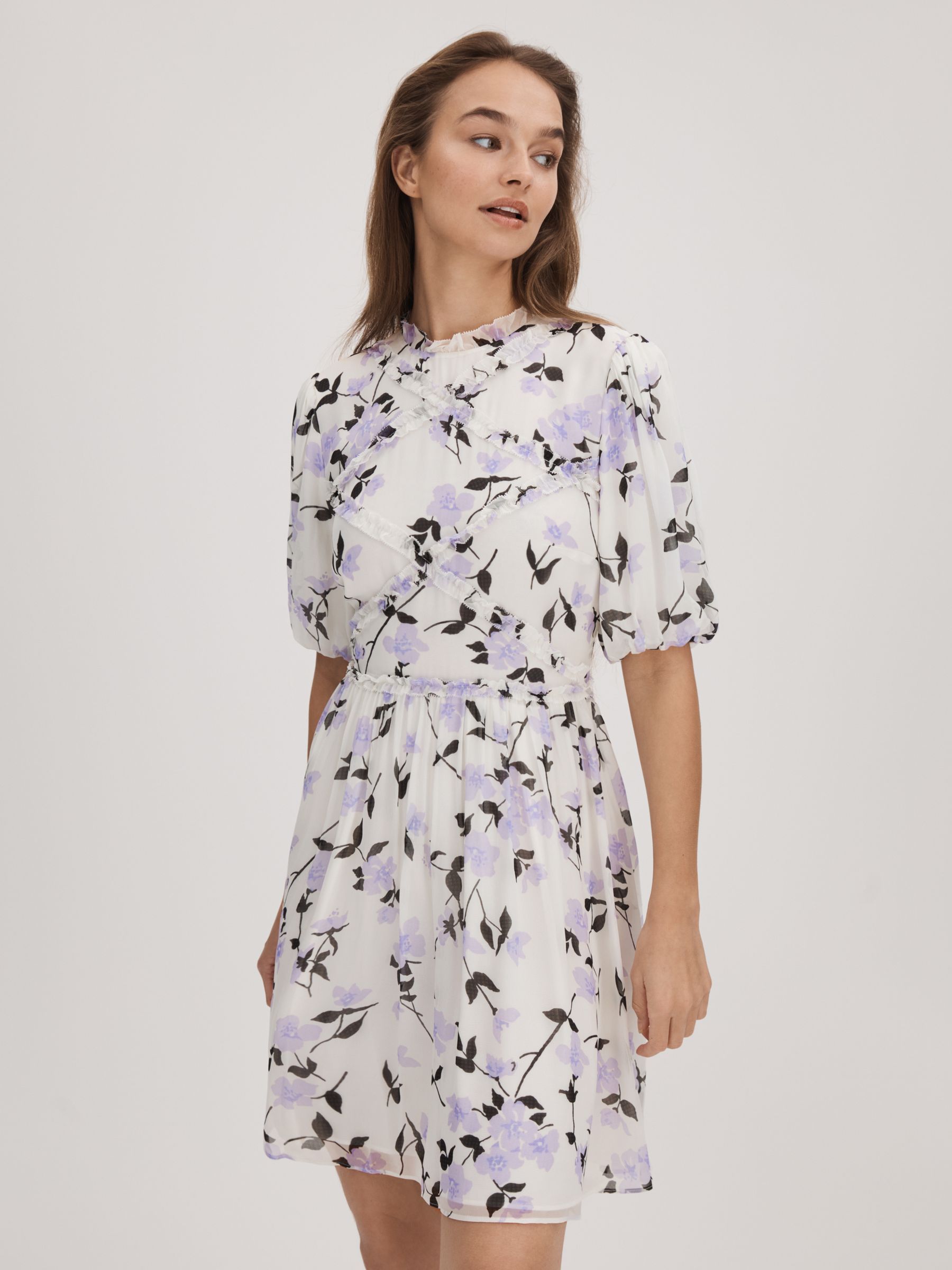 Florere Printed Puff Sleeve Mini Dress in Lilac