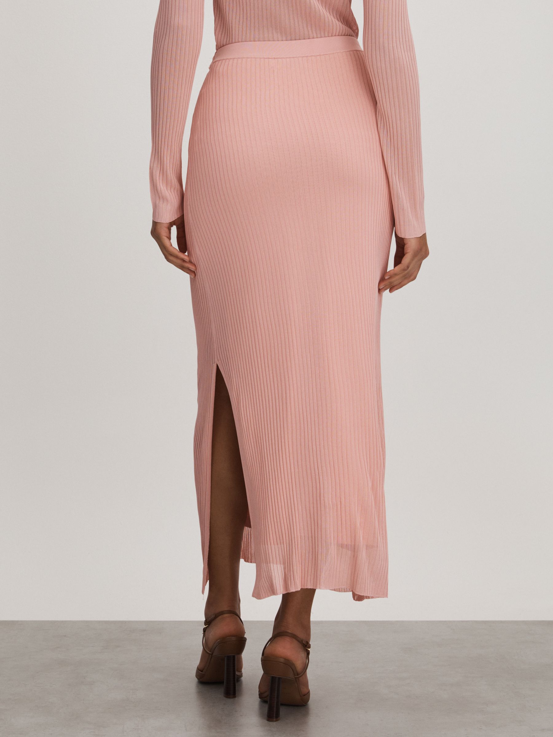 Carrie Pink Anna Quan Sheer Ribbed Knitted Midi Skirt