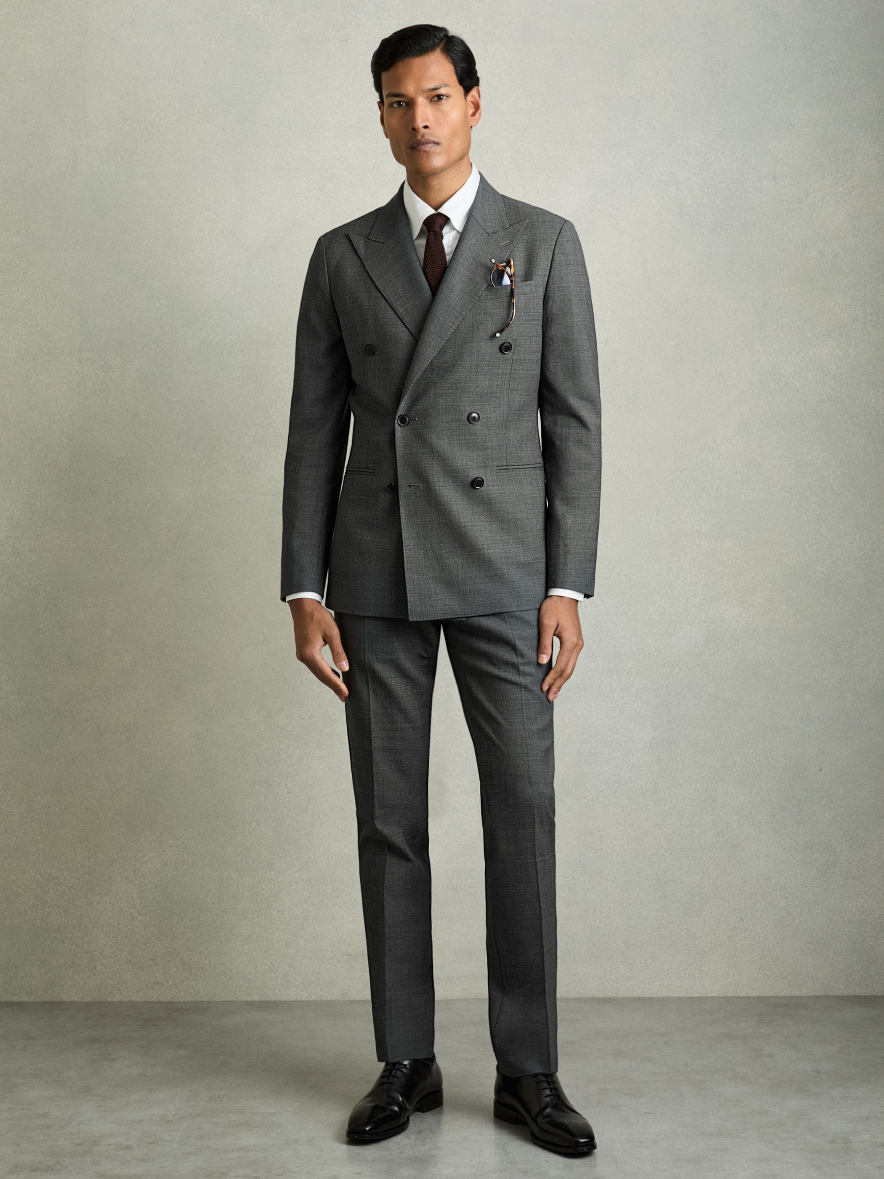 Regular-Fit Double-Breasted Sharkskin Wool-Blend Suit Blazer in Charcoal Grey