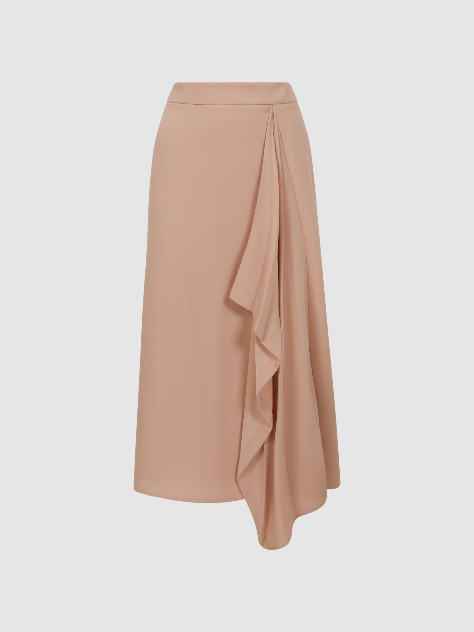 High Rise Ruffle Midi Skirt in Camel