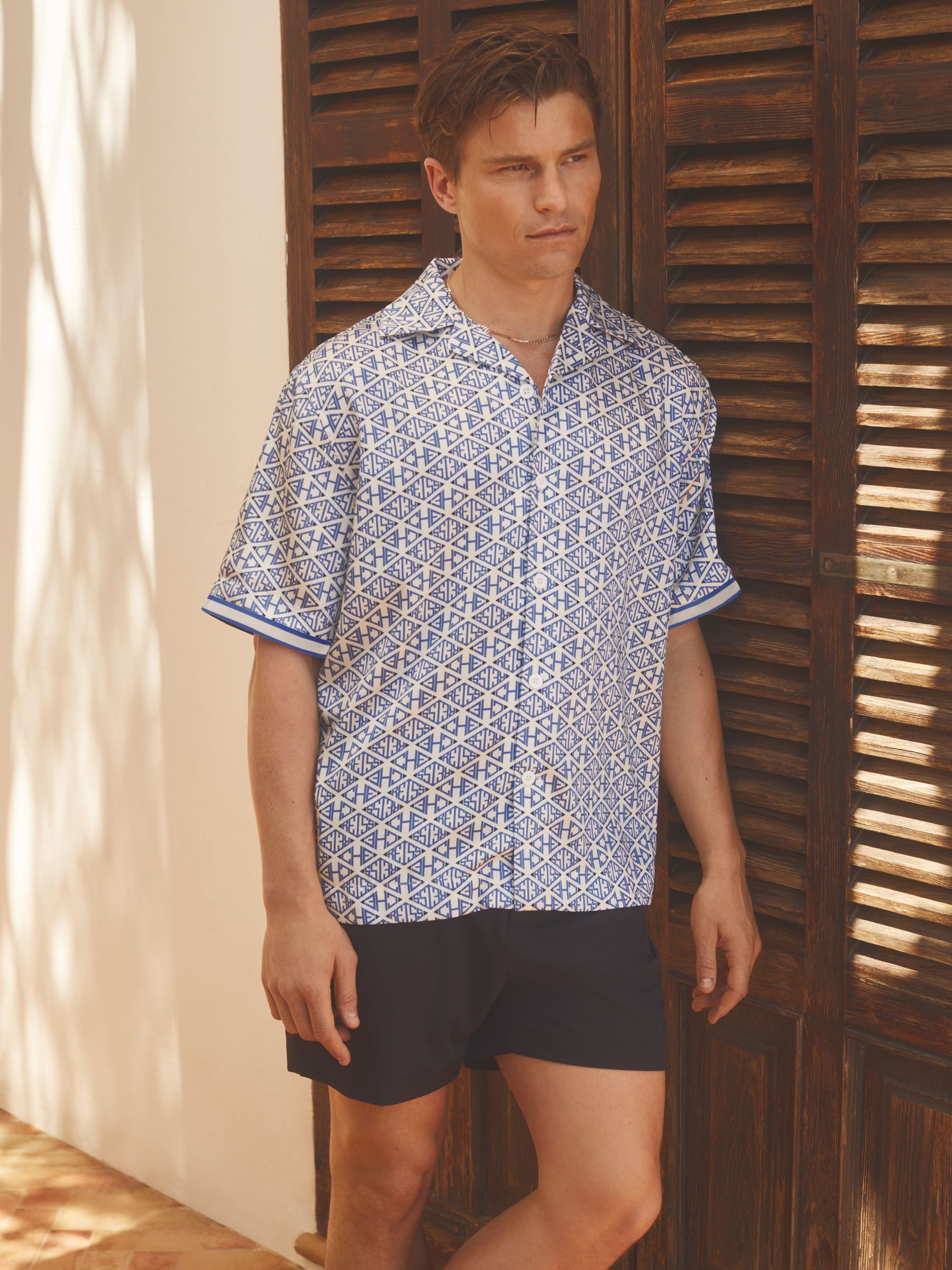 Reiss | Ché Monogram Print Cuff Detail Cuban Collar Shirt in Bright Blue/White