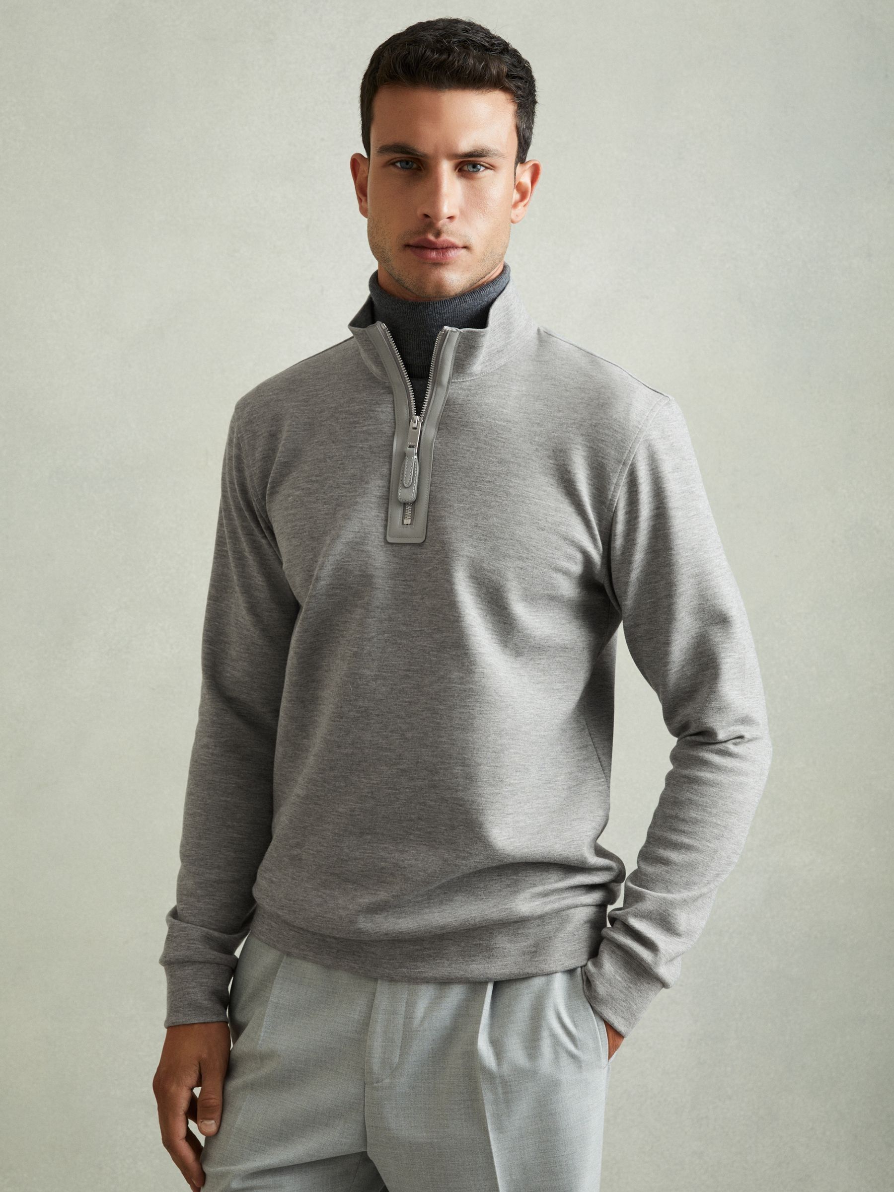Leather-Placket Interlock-Jersey Sweatshirt in Grey Melange