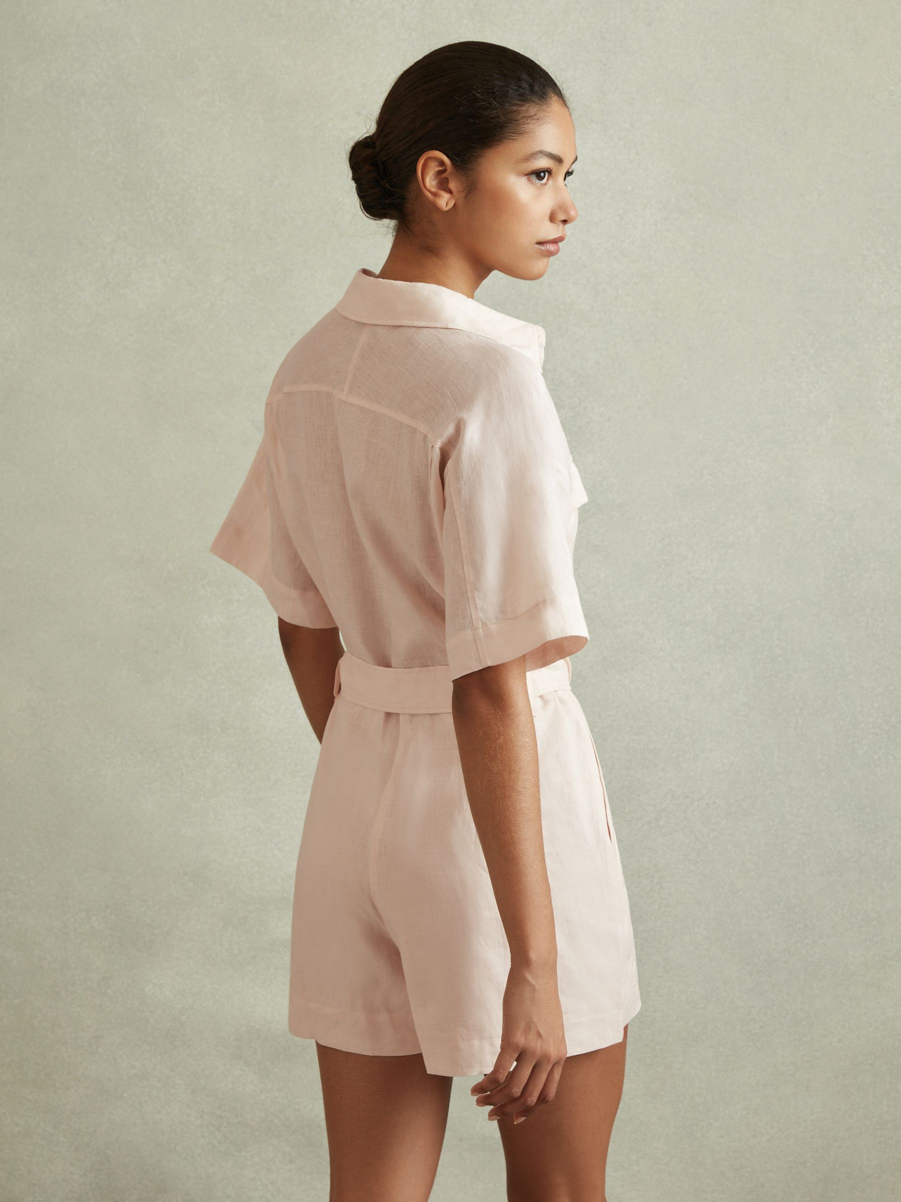 Linen Belted Playsuit in Pink