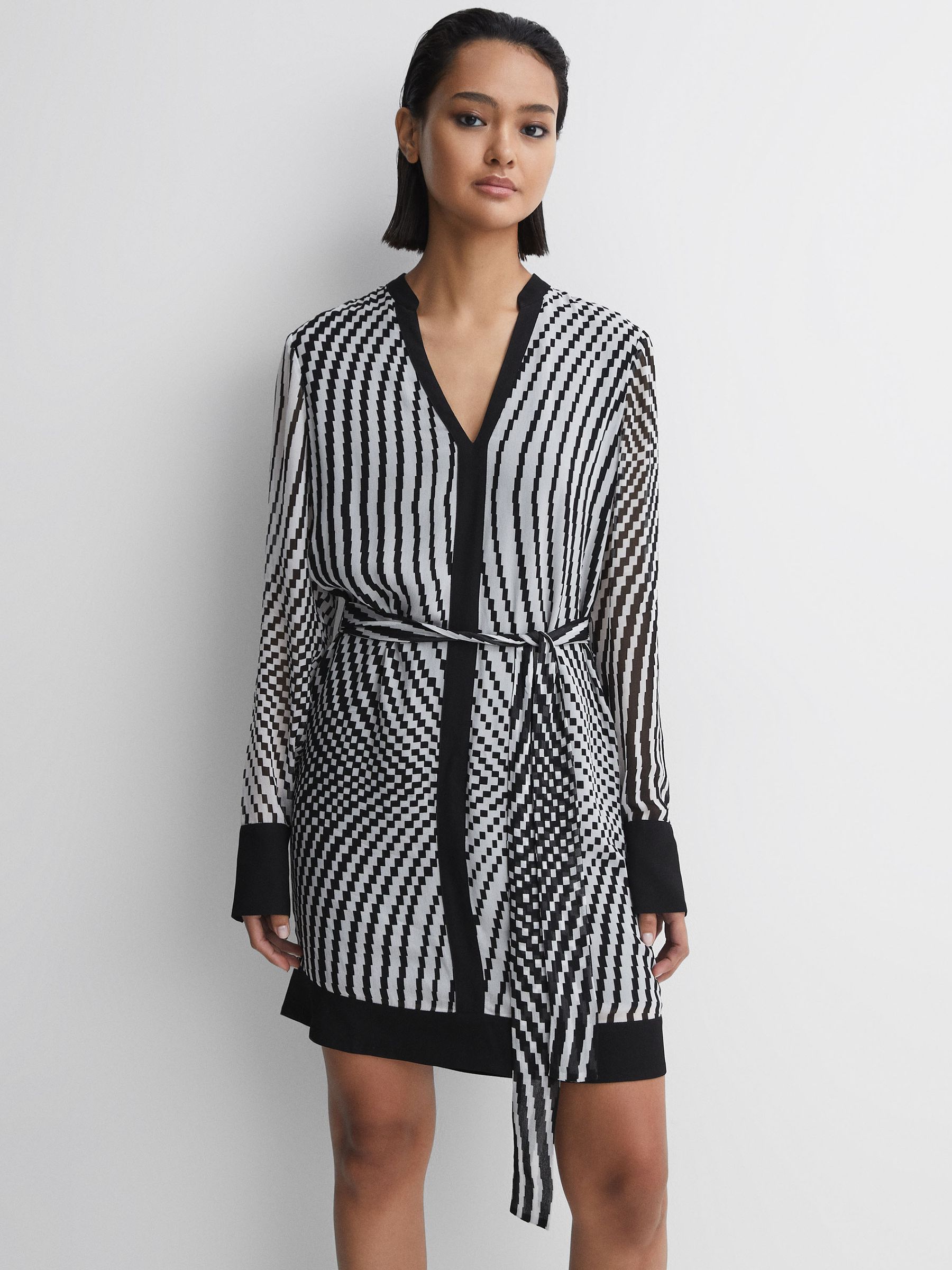 Check Belted Mini Dress in Black/White