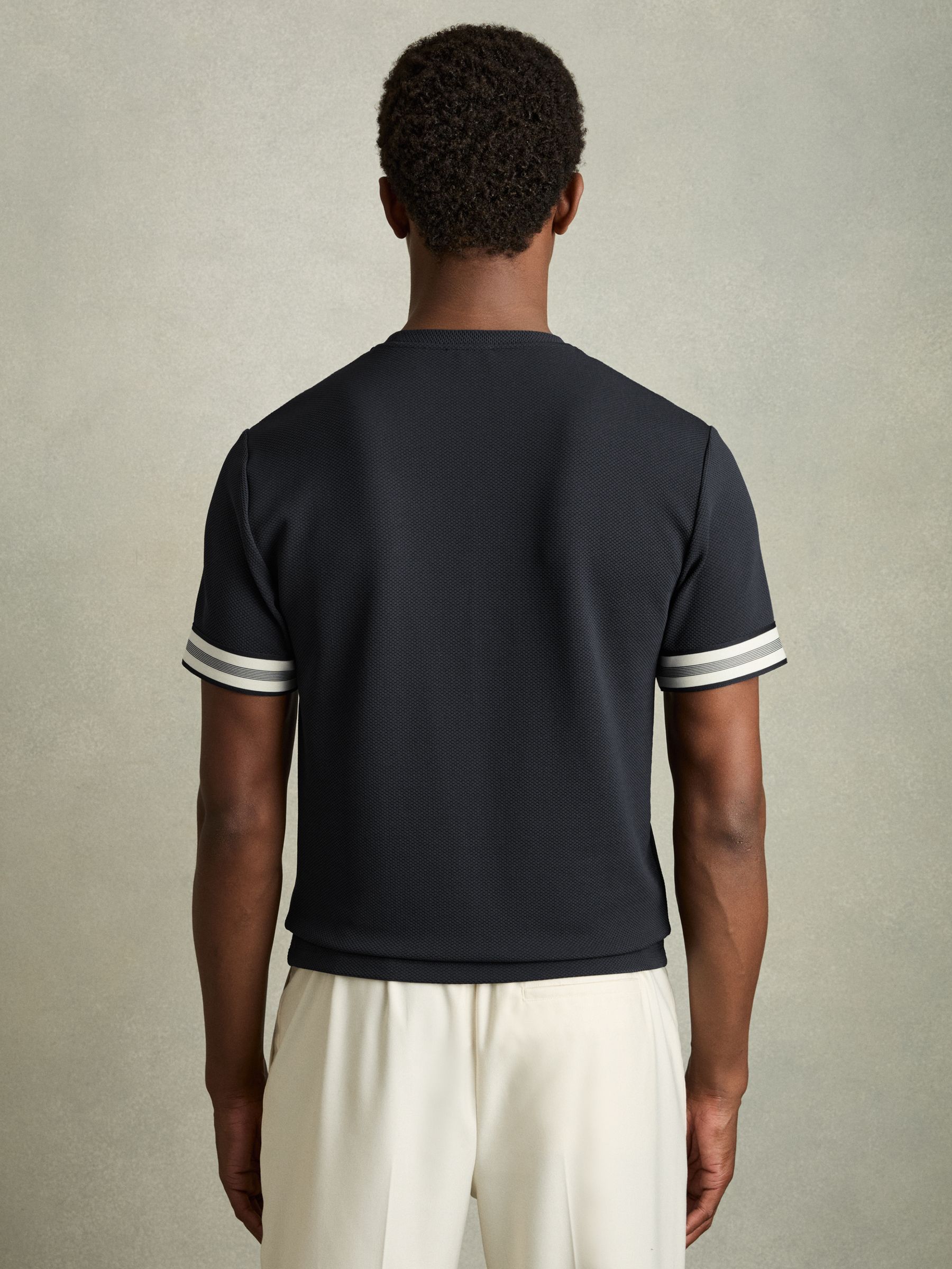 Tape-Cuff Textured T-Shirt in Navy