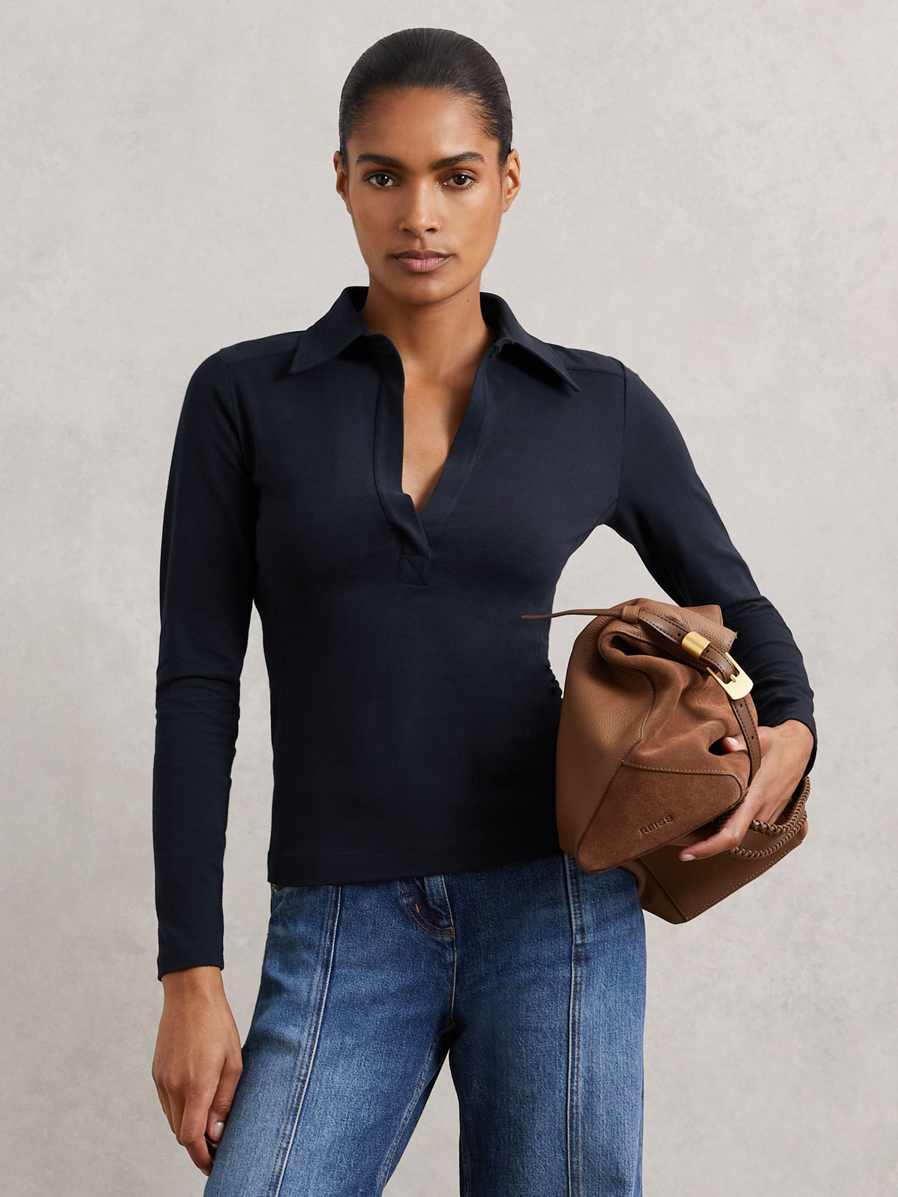 Stretch-Cotton Open-Collar Shirt in Navy