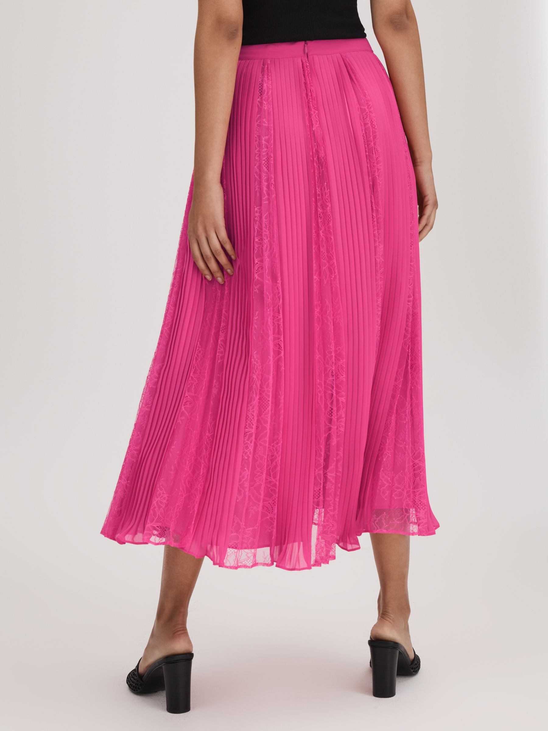 Florere Lace Pleated Midi Skirt in Bright Pink