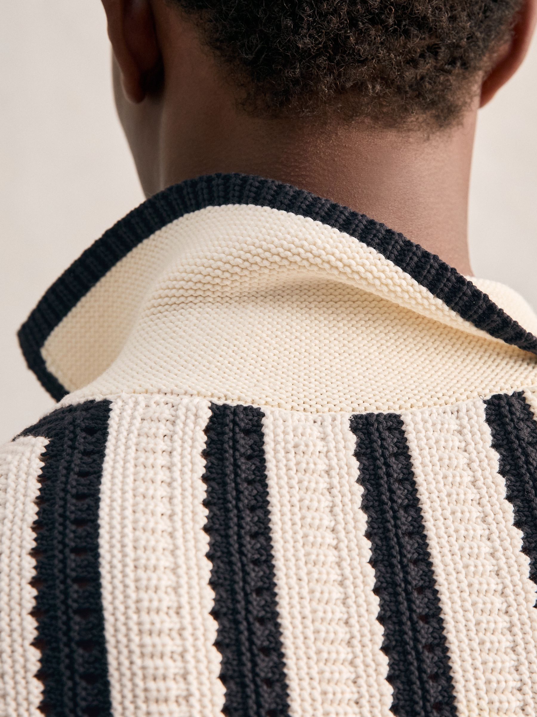 Cotton Blend Stripe Knit Polo Shirt in Off White/Navy