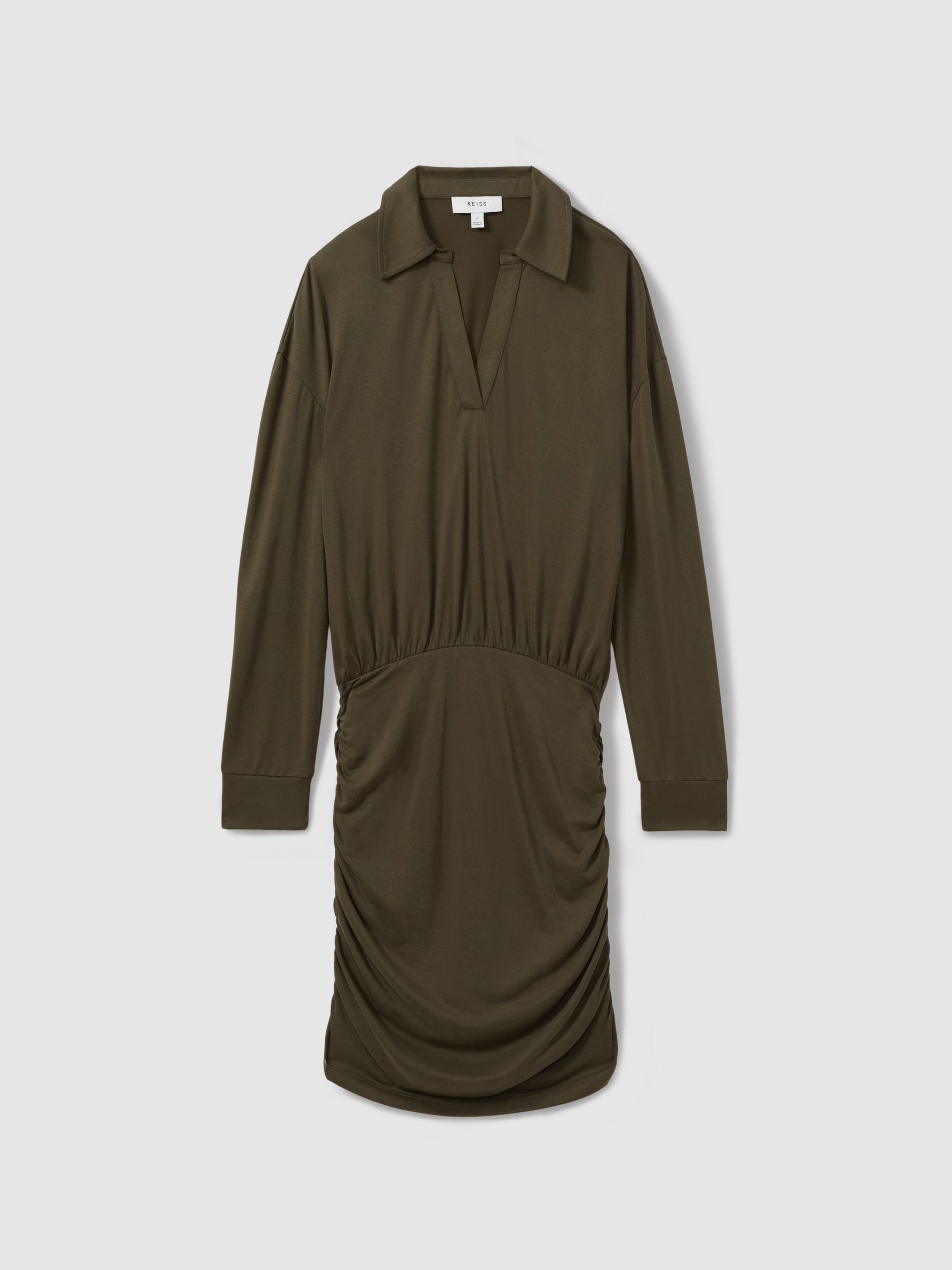 Victoria Khaki Ruched Jersey Open-Collar Mini Dress