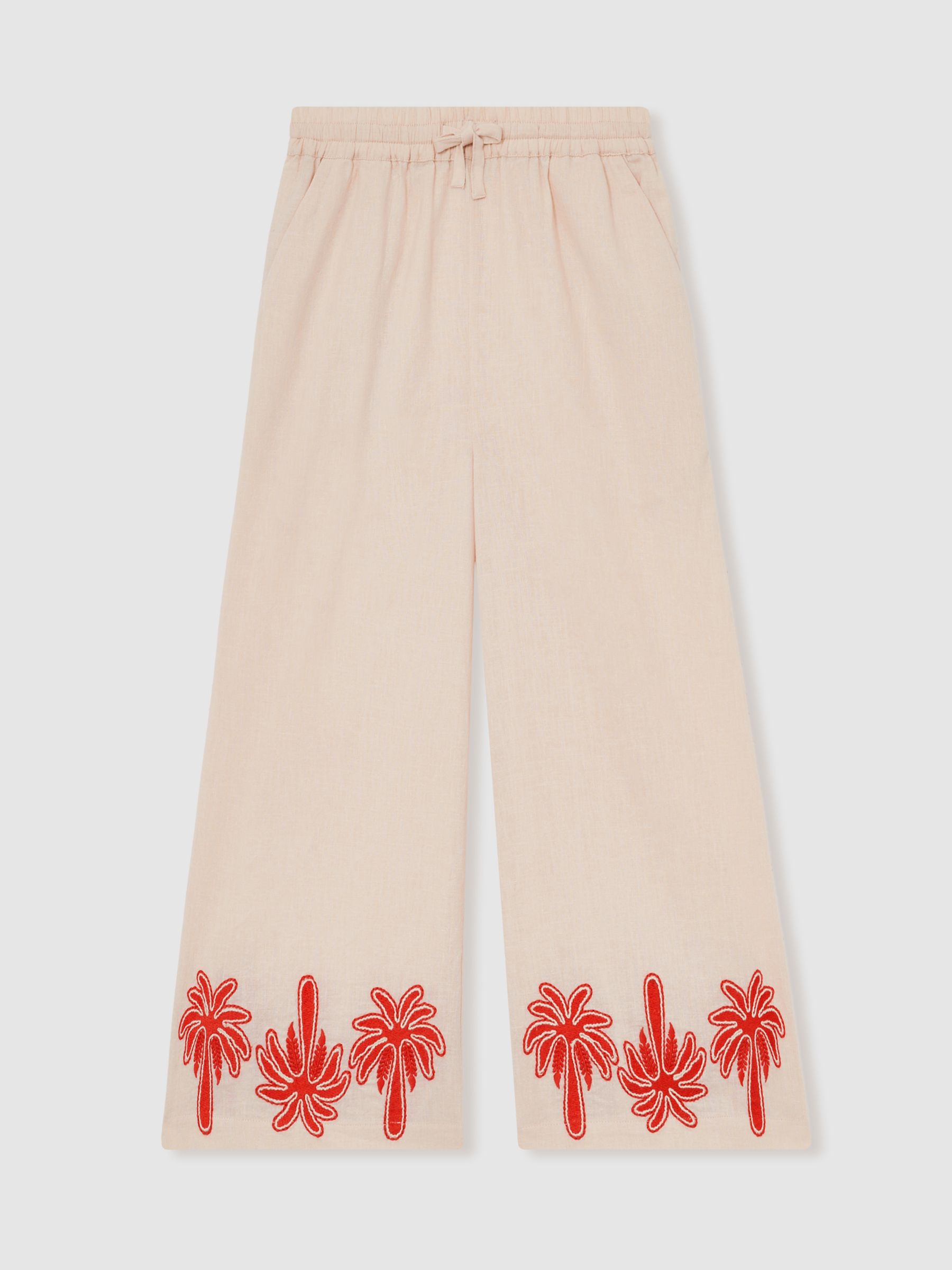 4-9 yrs Cotton-Linen Palm Embroidery Trousers in Stone