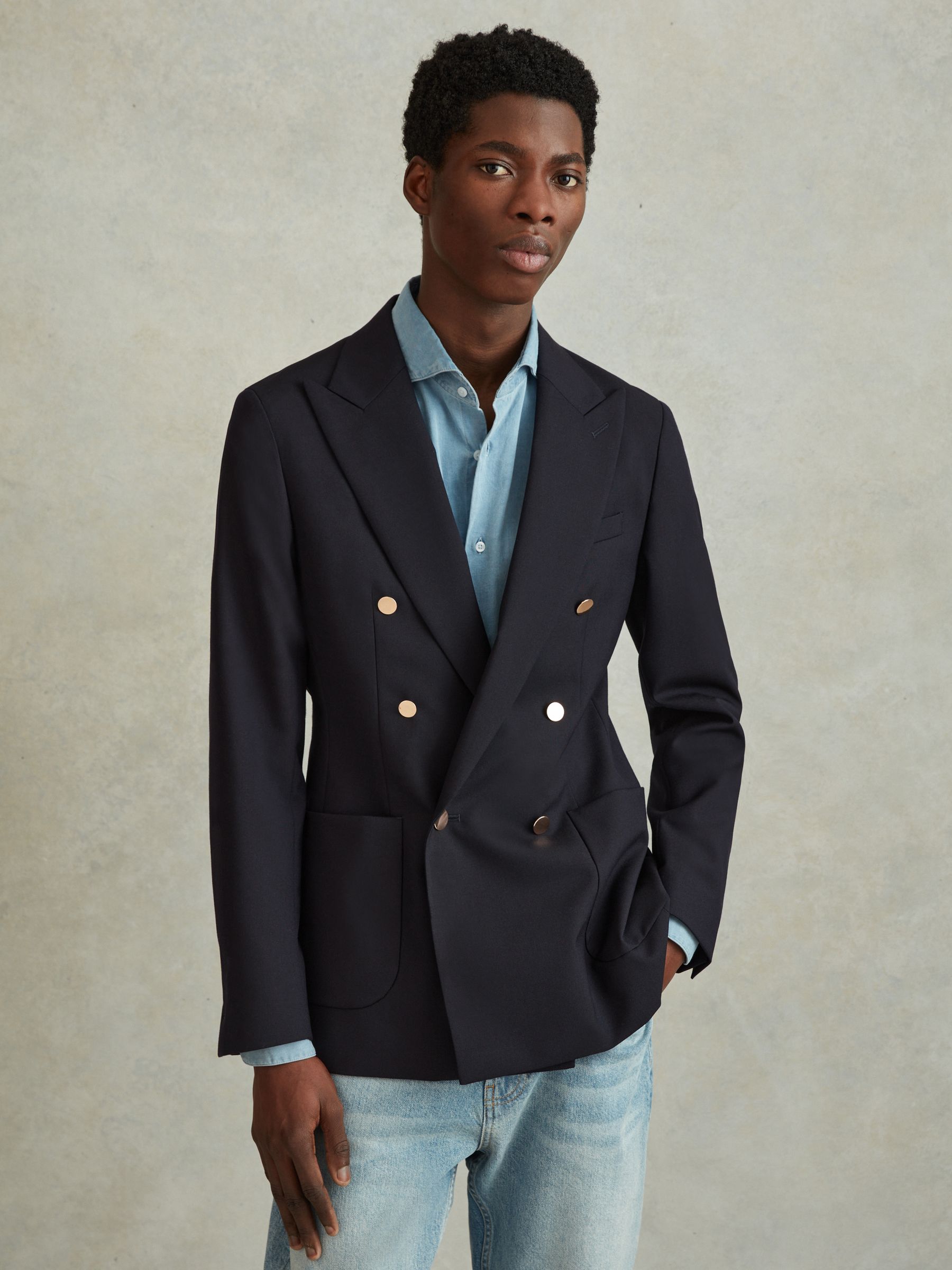 Slim Fit Wool Double Breasted Blazer in Dark Navy