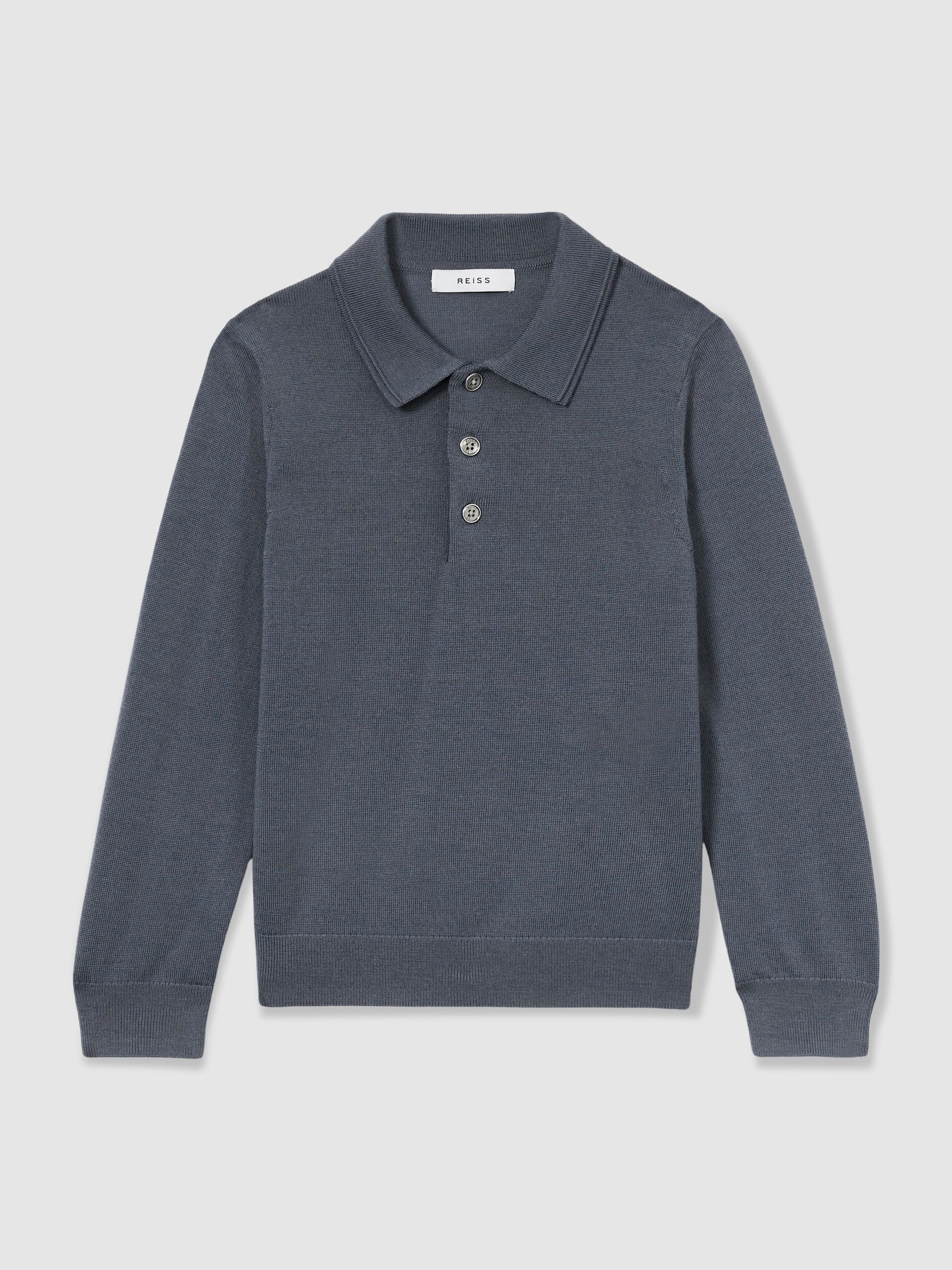 9-13 yrs Merino Wool Long-Sleeve Polo Shirt in Airforce Blue