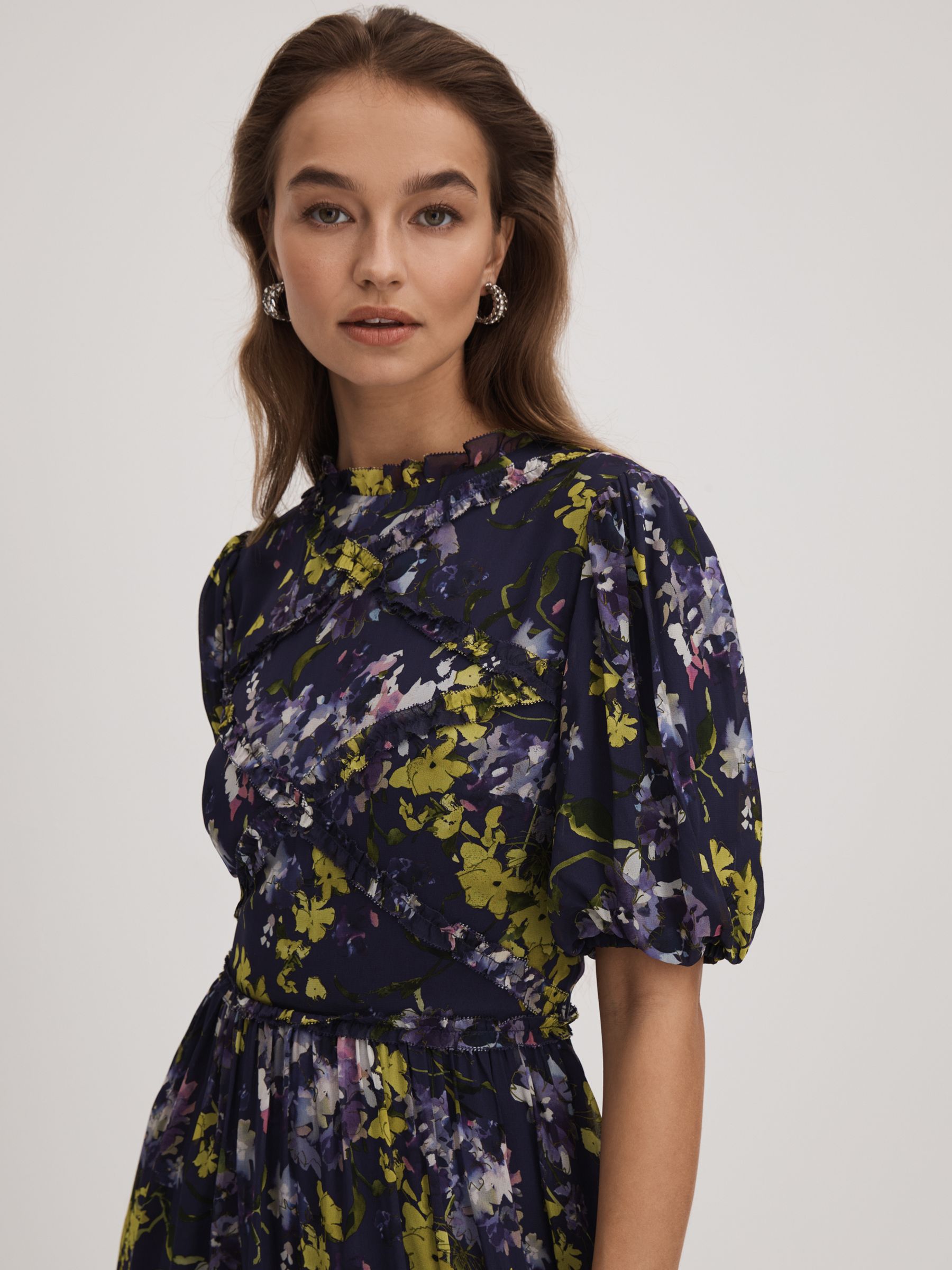 Florere Printed Puff Sleeve Mini Dress in Dark Purple