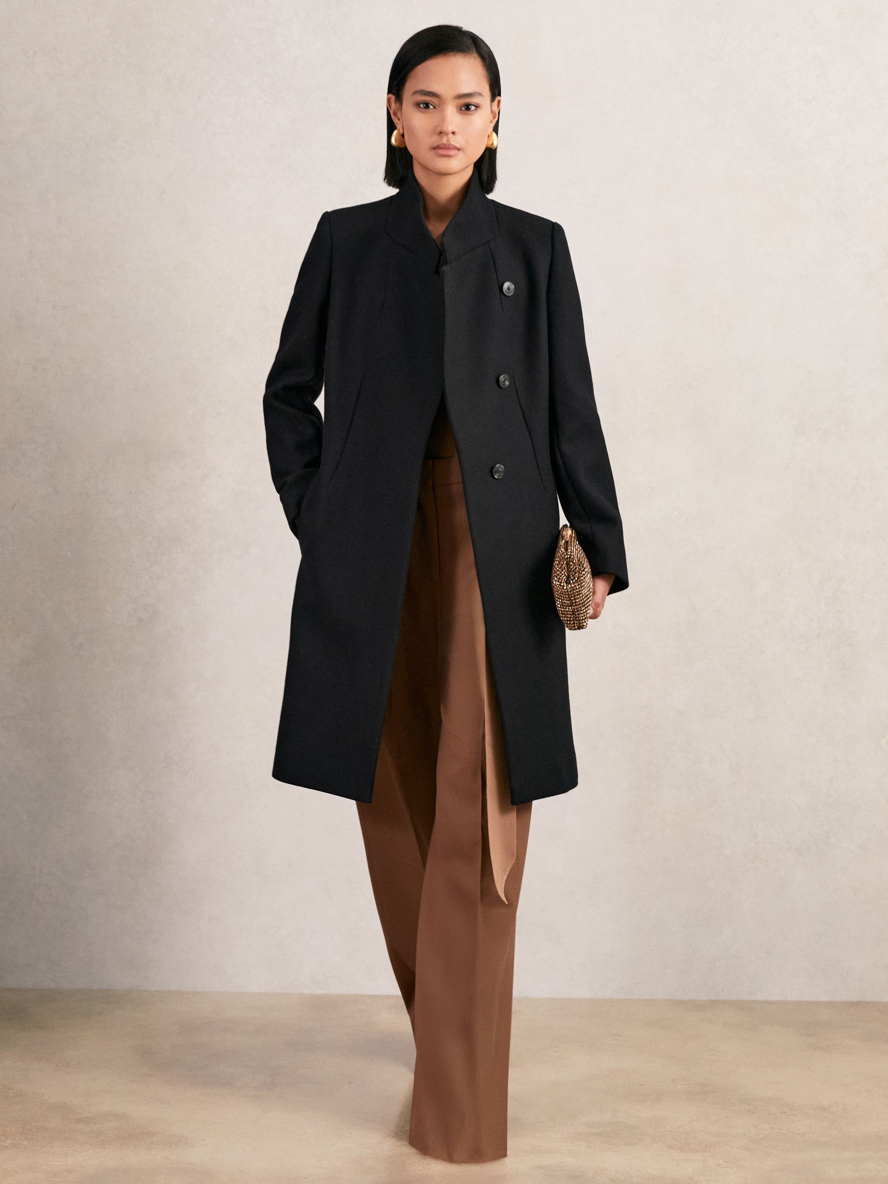 Petite Wool-Blend Wrapover Mid-Length Coat in Black
