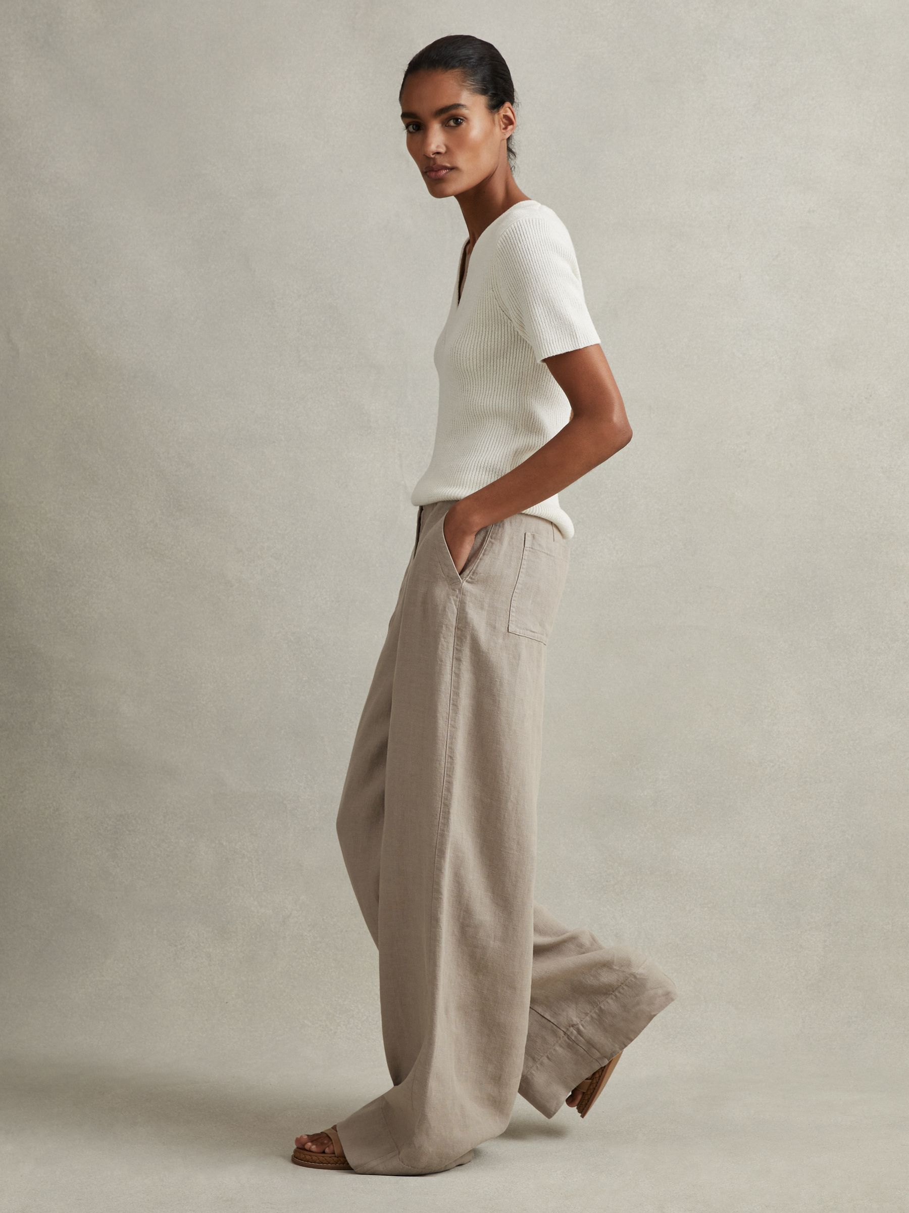 Linen Wide Leg Garment Dyed Trousers in Light Khaki