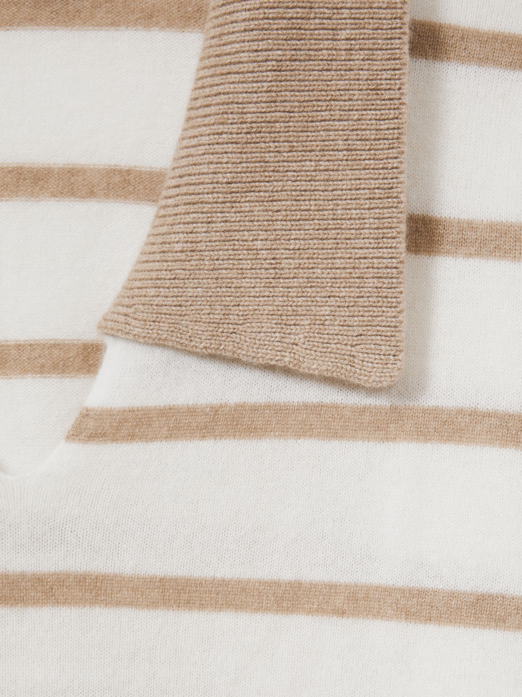 Cashmere Open Collar Striped Jumper in White/Beige