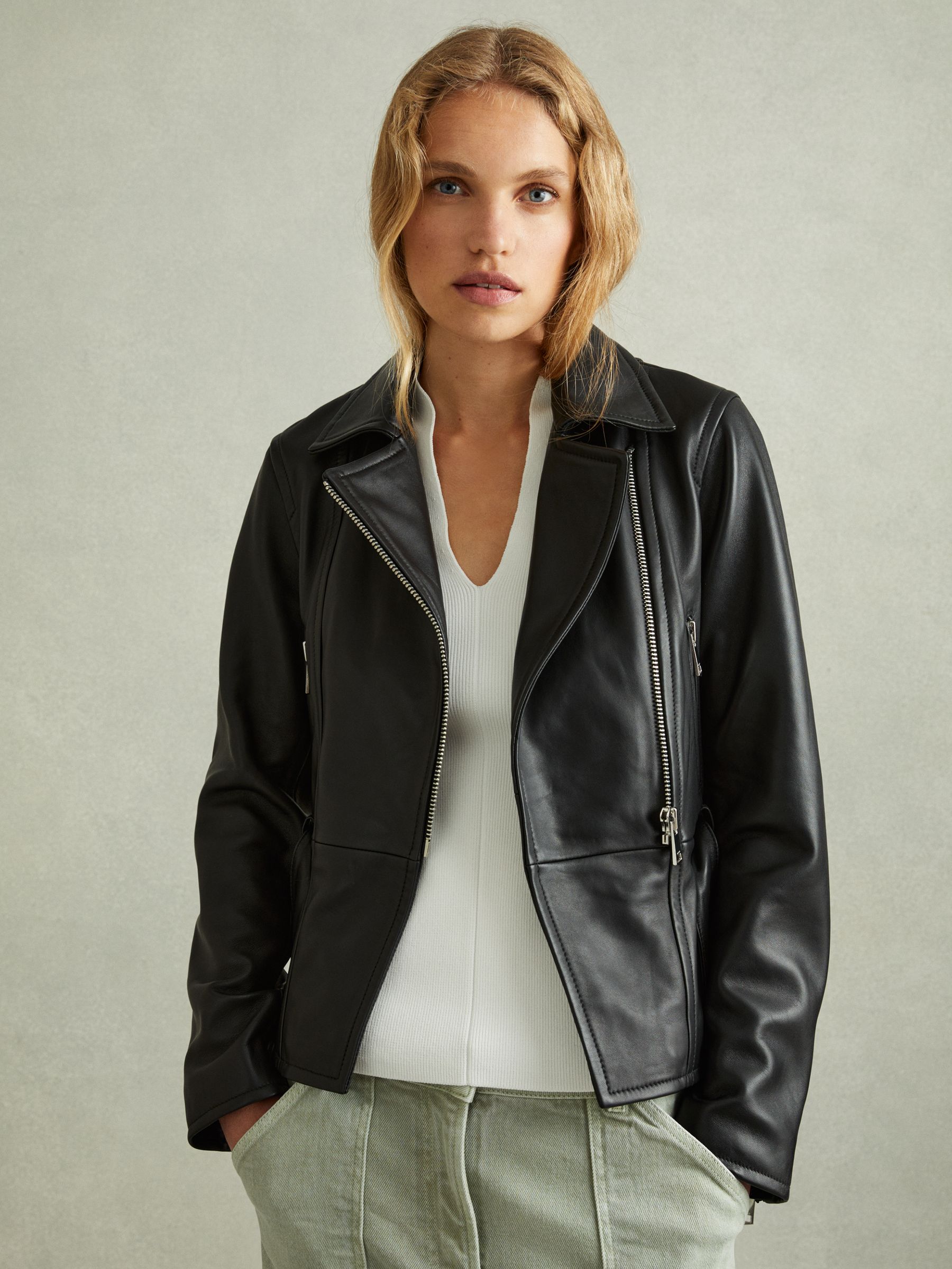 Febe Black Belted Leather Jacket