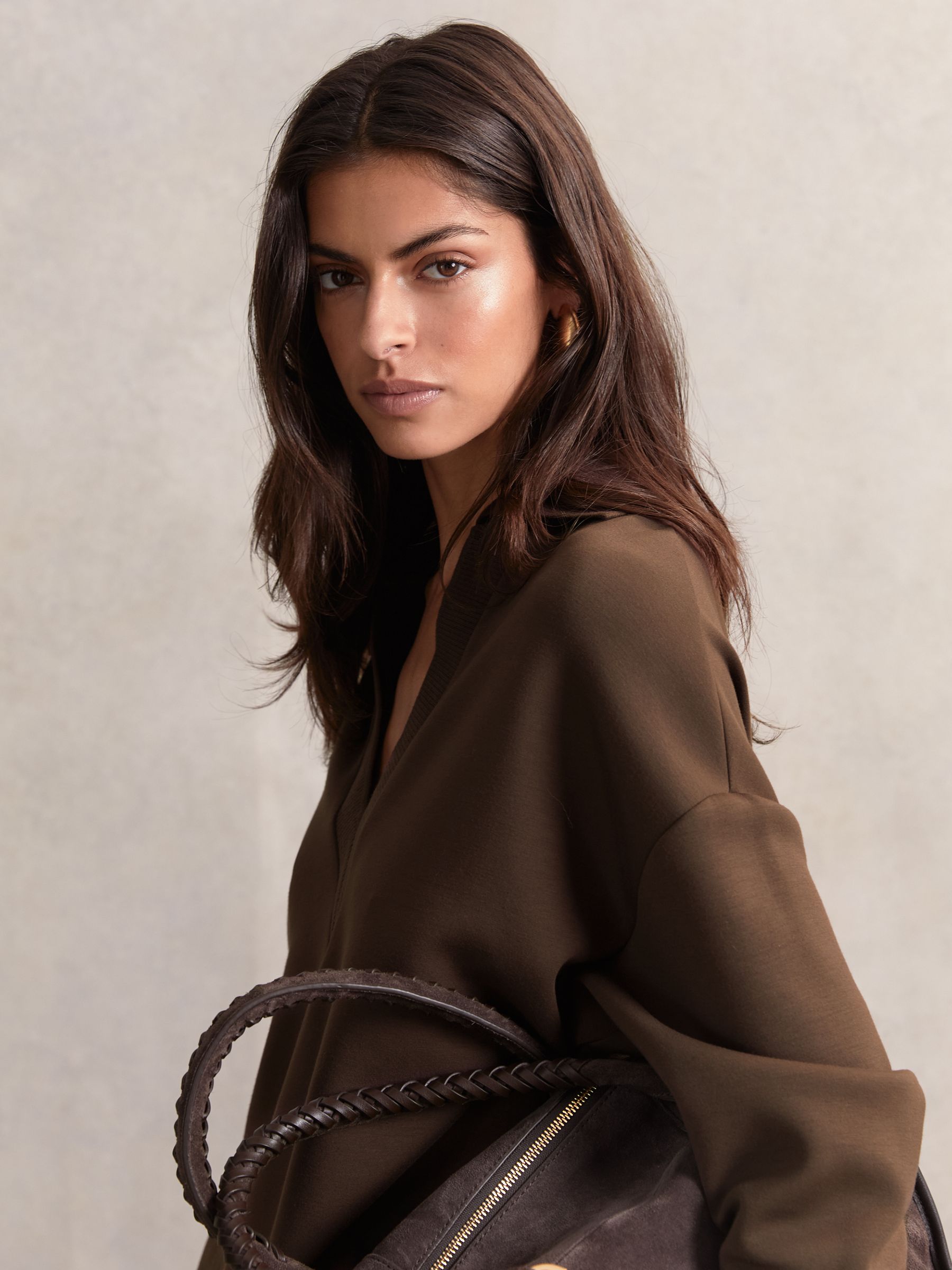 Interlock Open-Collar Sweatshirt in Chocolate