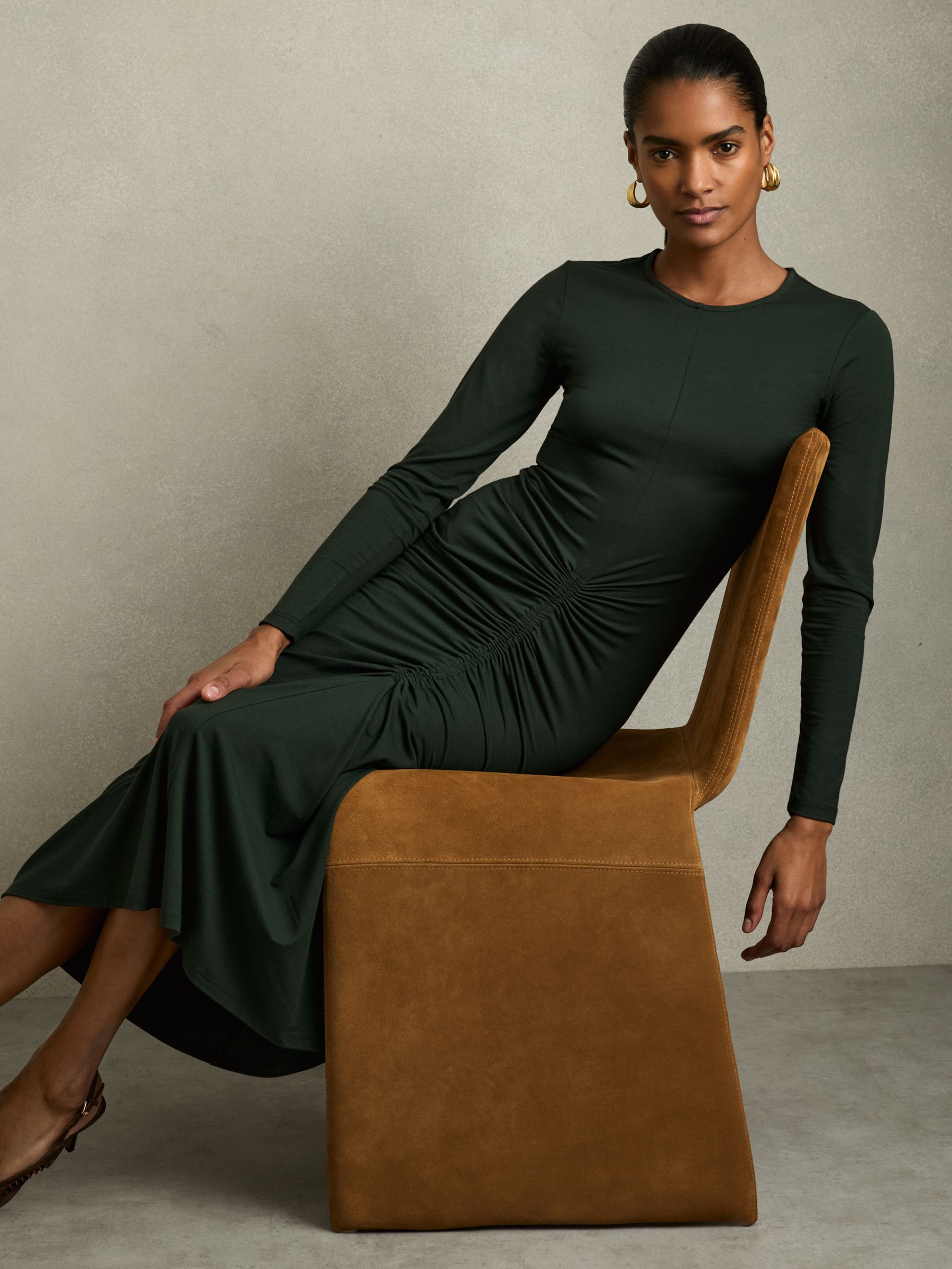 Ruched Jersey Midi Dress in Green