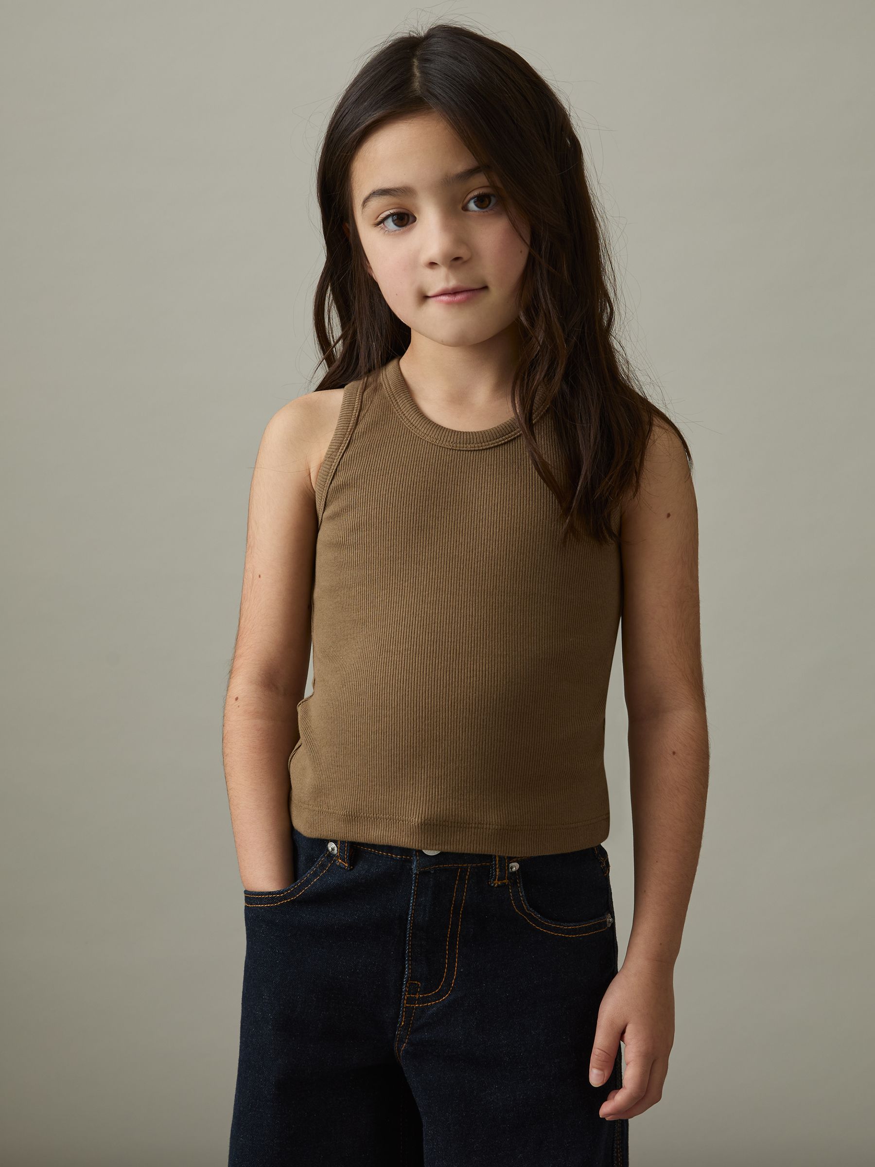 13-14 yrs Cotton Blend Ribbed Vest in Khaki