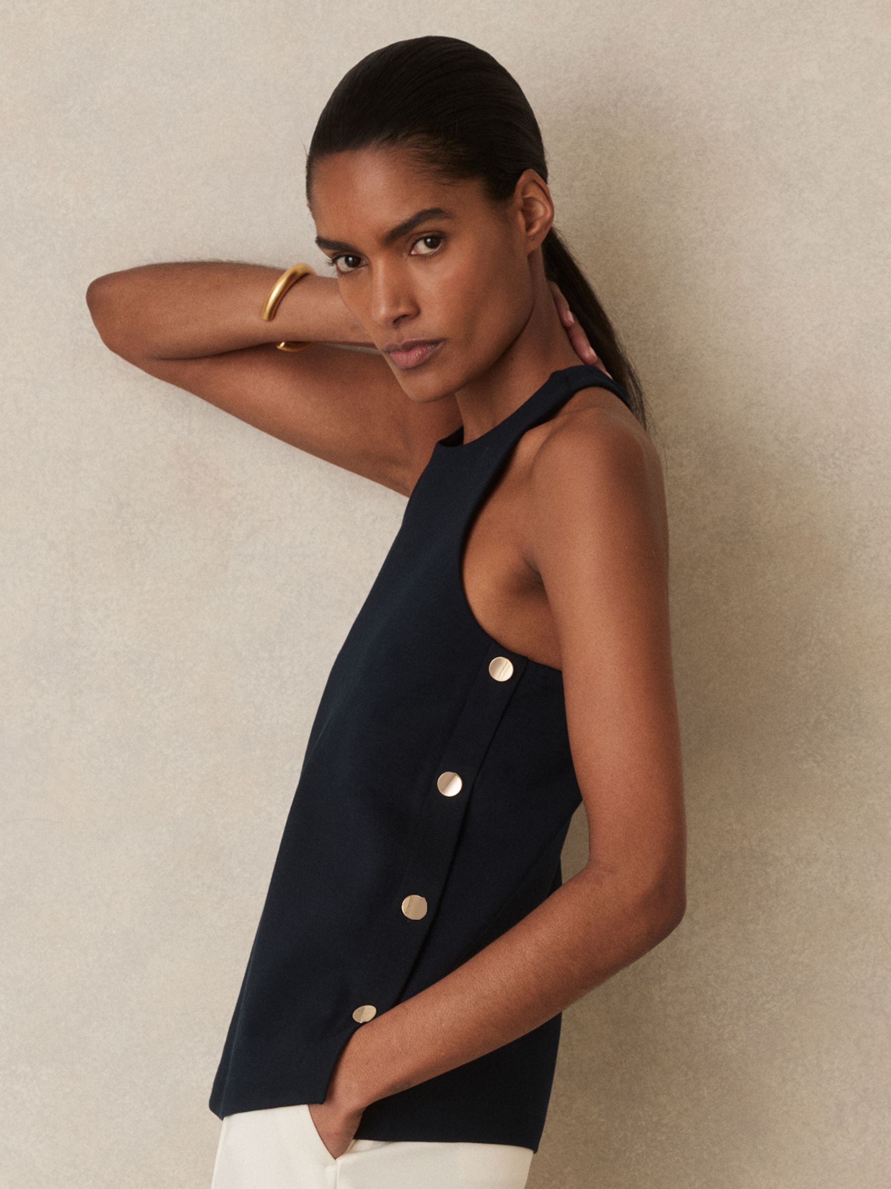 Button Side Sleeveless Top in Navy