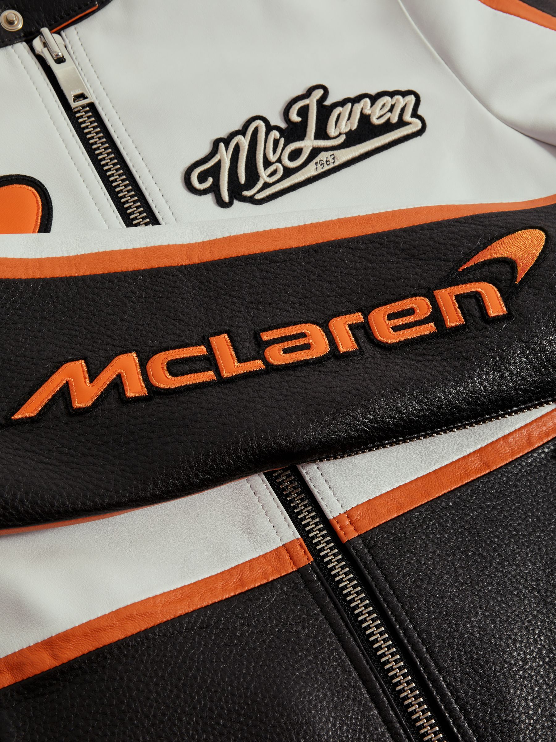 McLaren F1 Colourblock Leather Biker Jacket in Black/Papaya