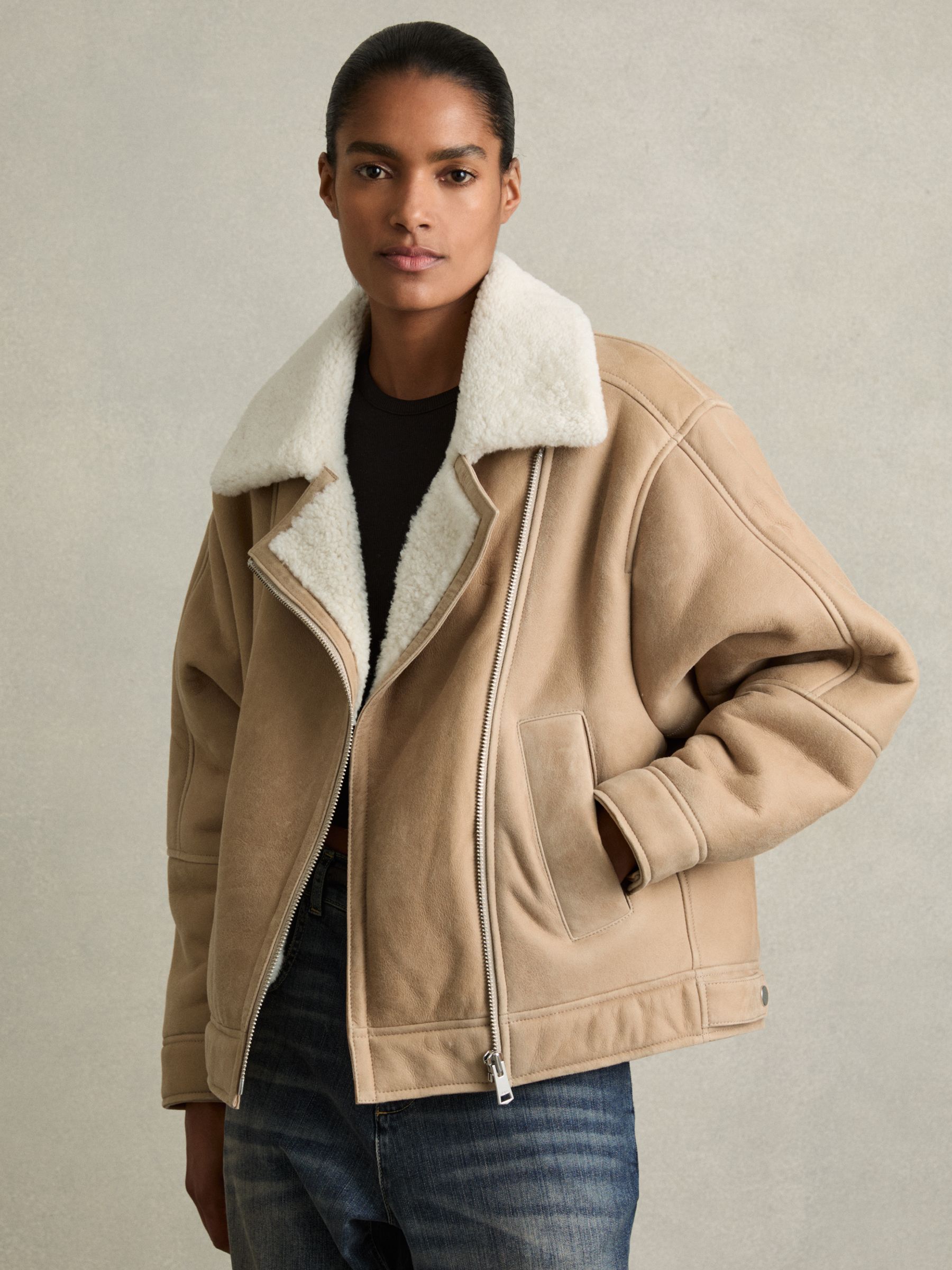 Shearling-Lined Leather Aviator Jacket in Neutral