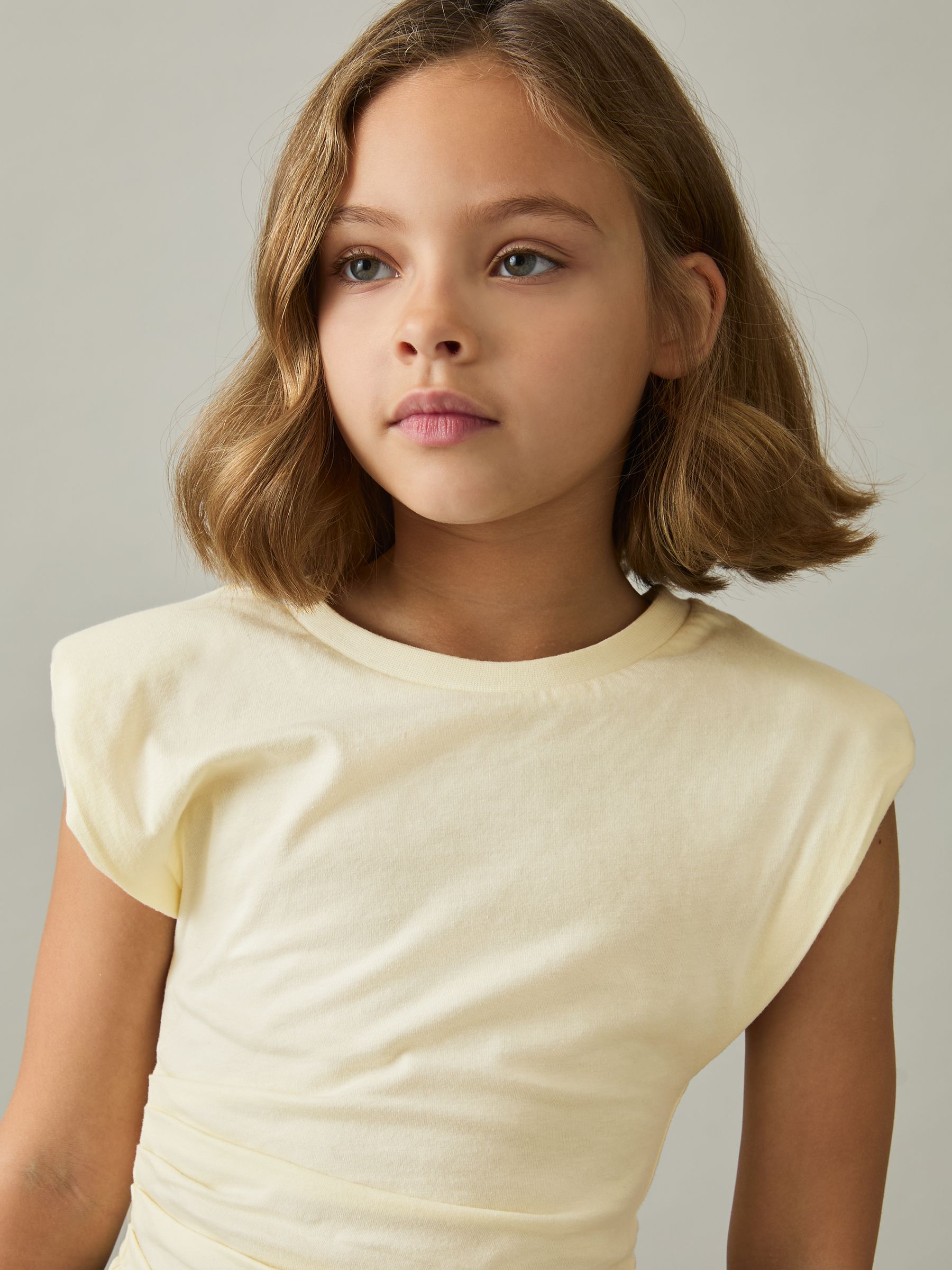 4-9 yrs Cotton-Jersey Cap-Sleeve Ruched Top in Lemon