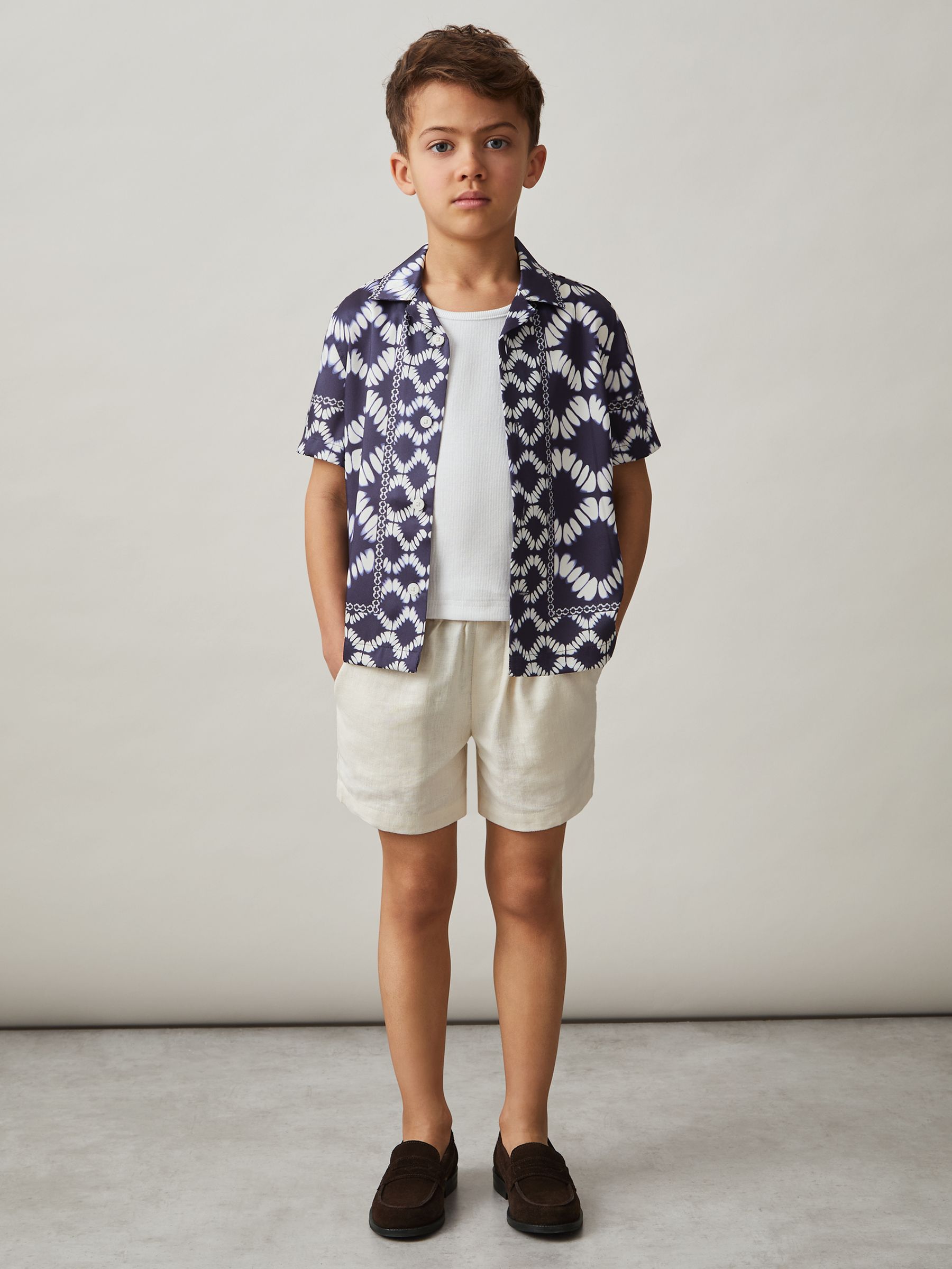 9-13 yrs Abstract Print Cuban Collar Shirt in Blue