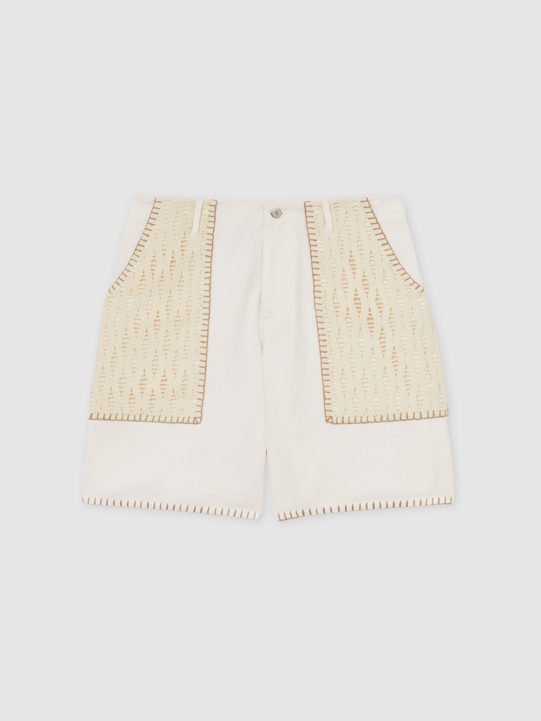 Reiss | Tom Daley Crochet Denim Shorts in Off White