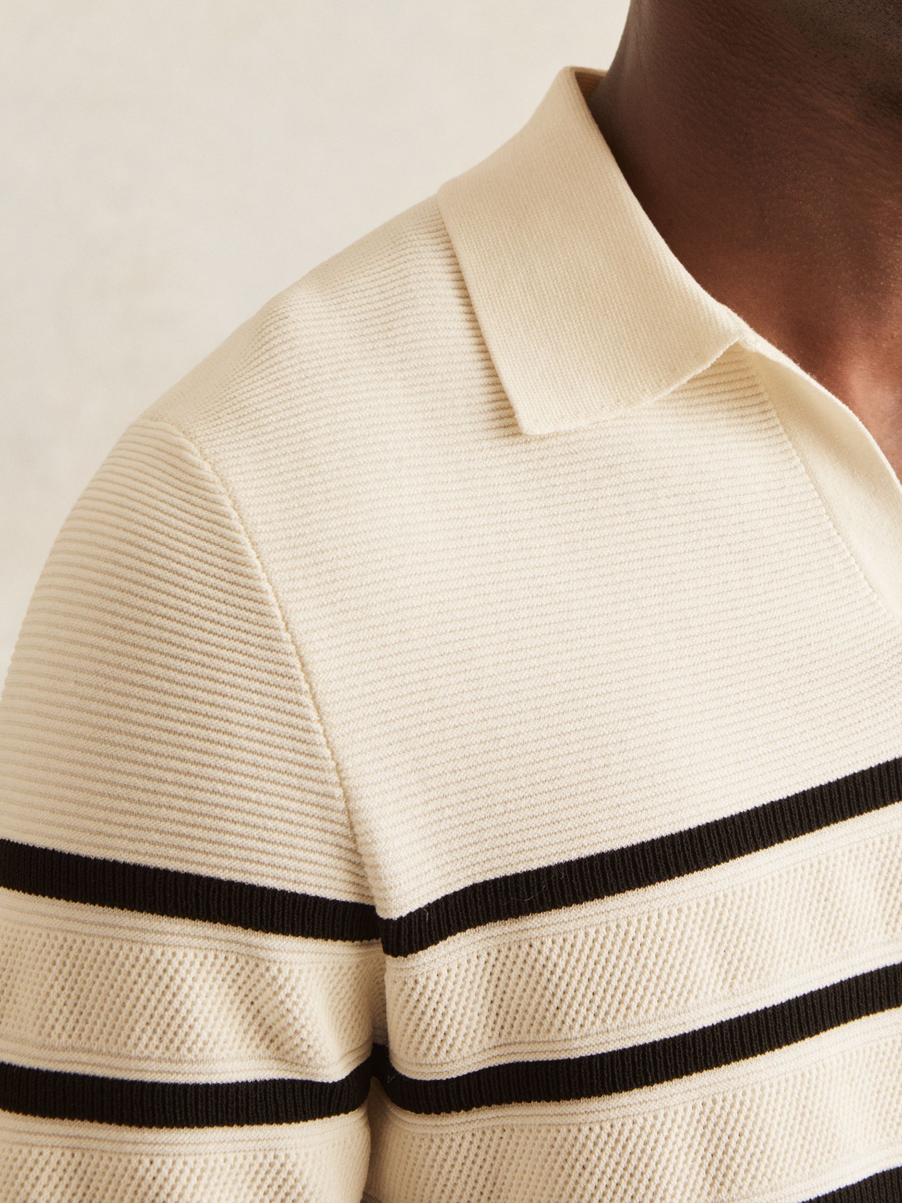 Cotton Blend Stripe Knit Polo Shirt in Warm Stone/Black