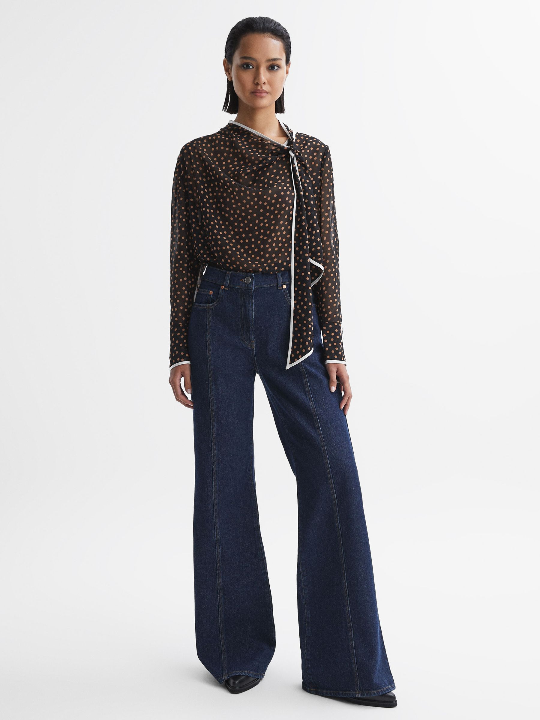 Polka Dot Tie Neck Blouse in Black/Rust