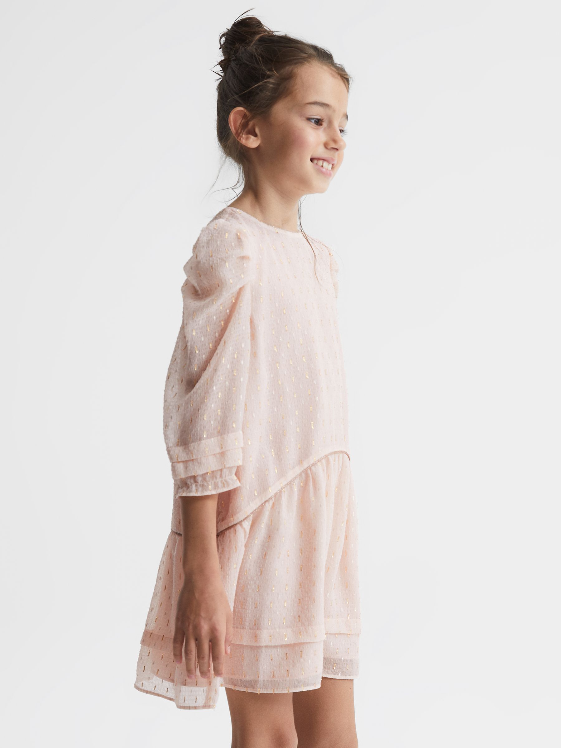 9-12 yrs Ruched Shoulder Metallic Detail Dress in Pink