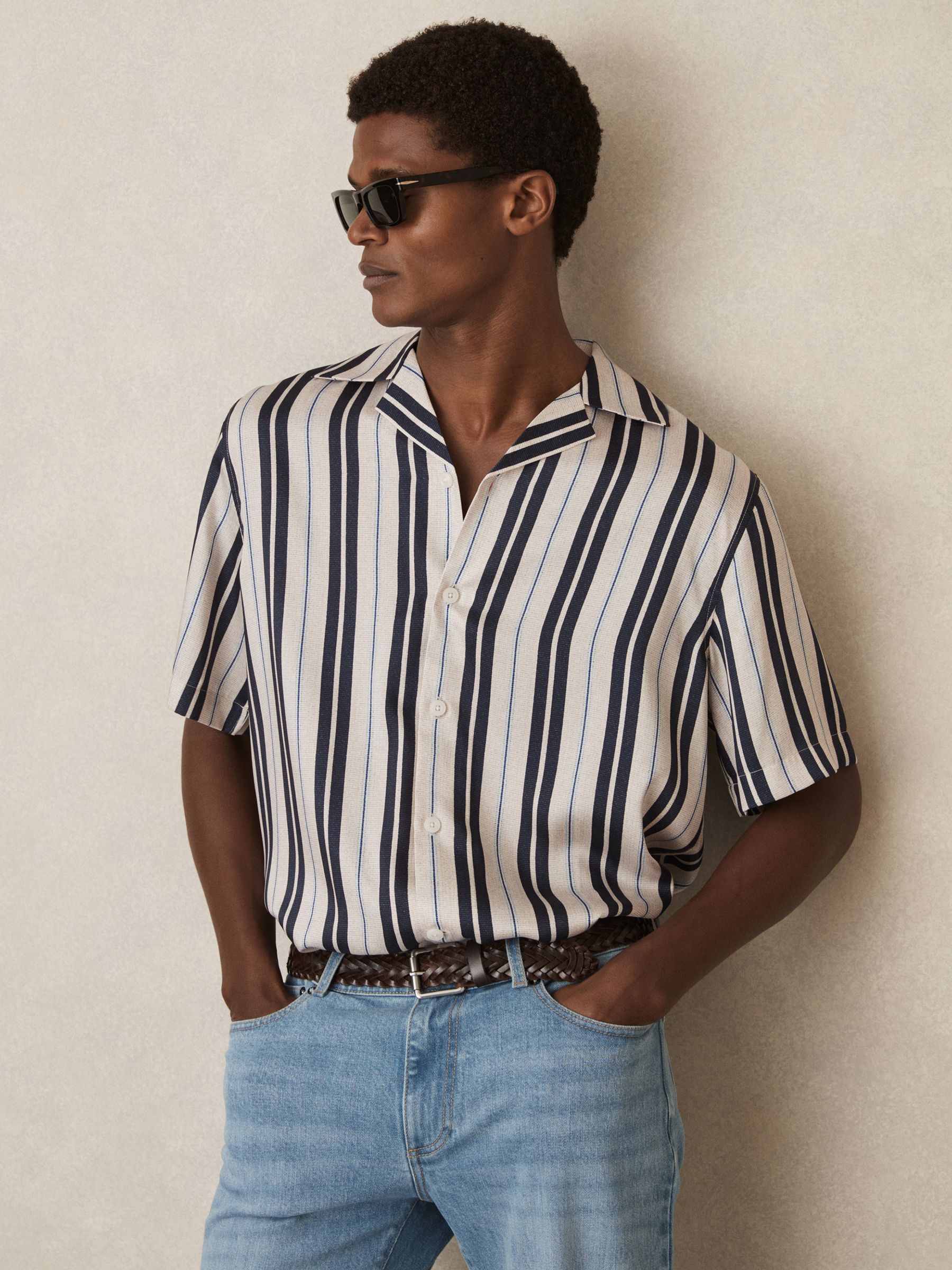 Wide-Stripe Cuban-Collar Shirt in White/Navy