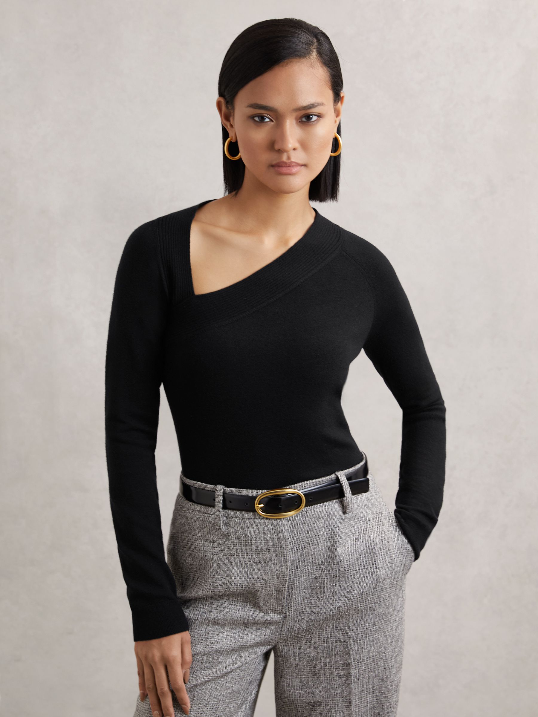 Wool-Blend Asymmetric Knit Top in Black