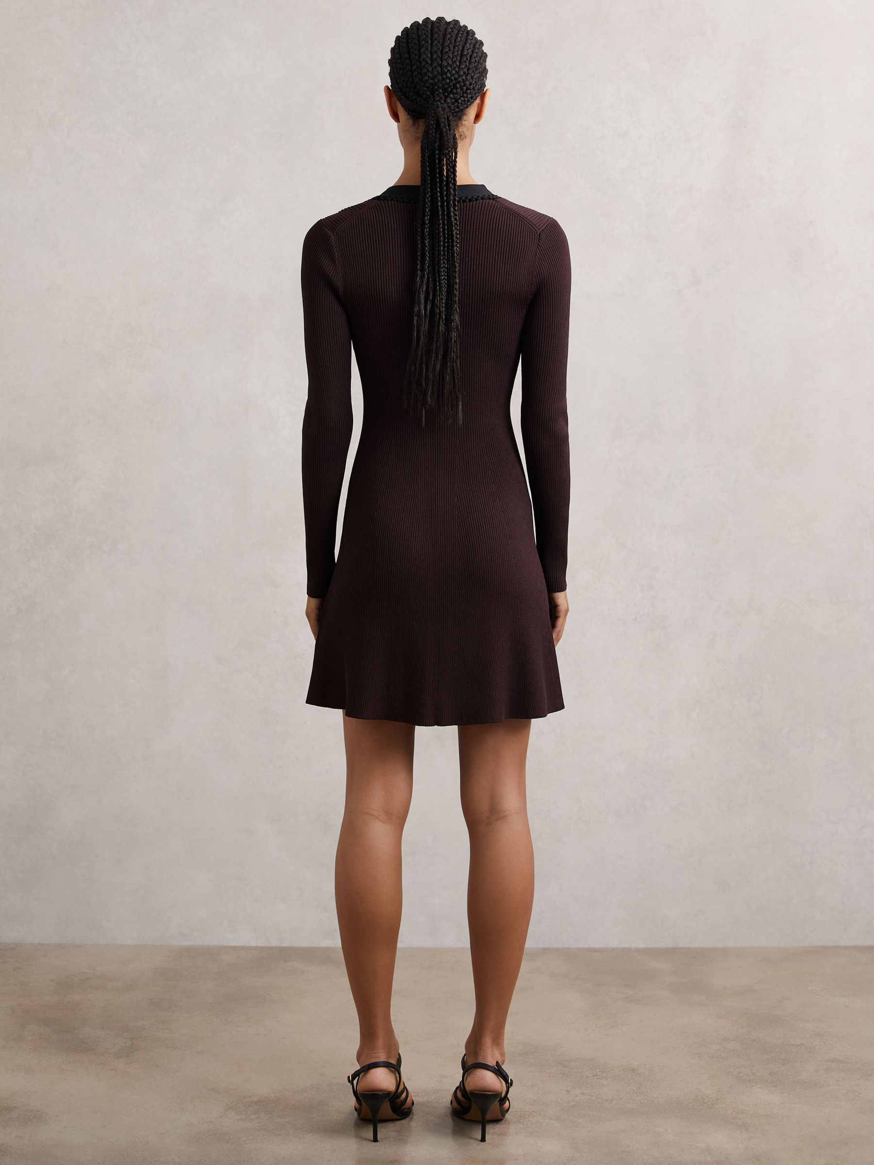 Craft-Stitch Rib-Knit Mini Dress in Burgundy/Black