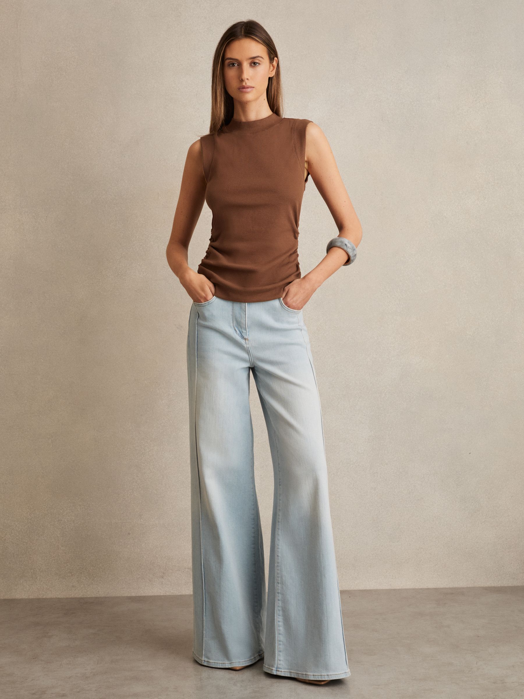 Ribbed Ruched Waist Vest in Toffee Brown