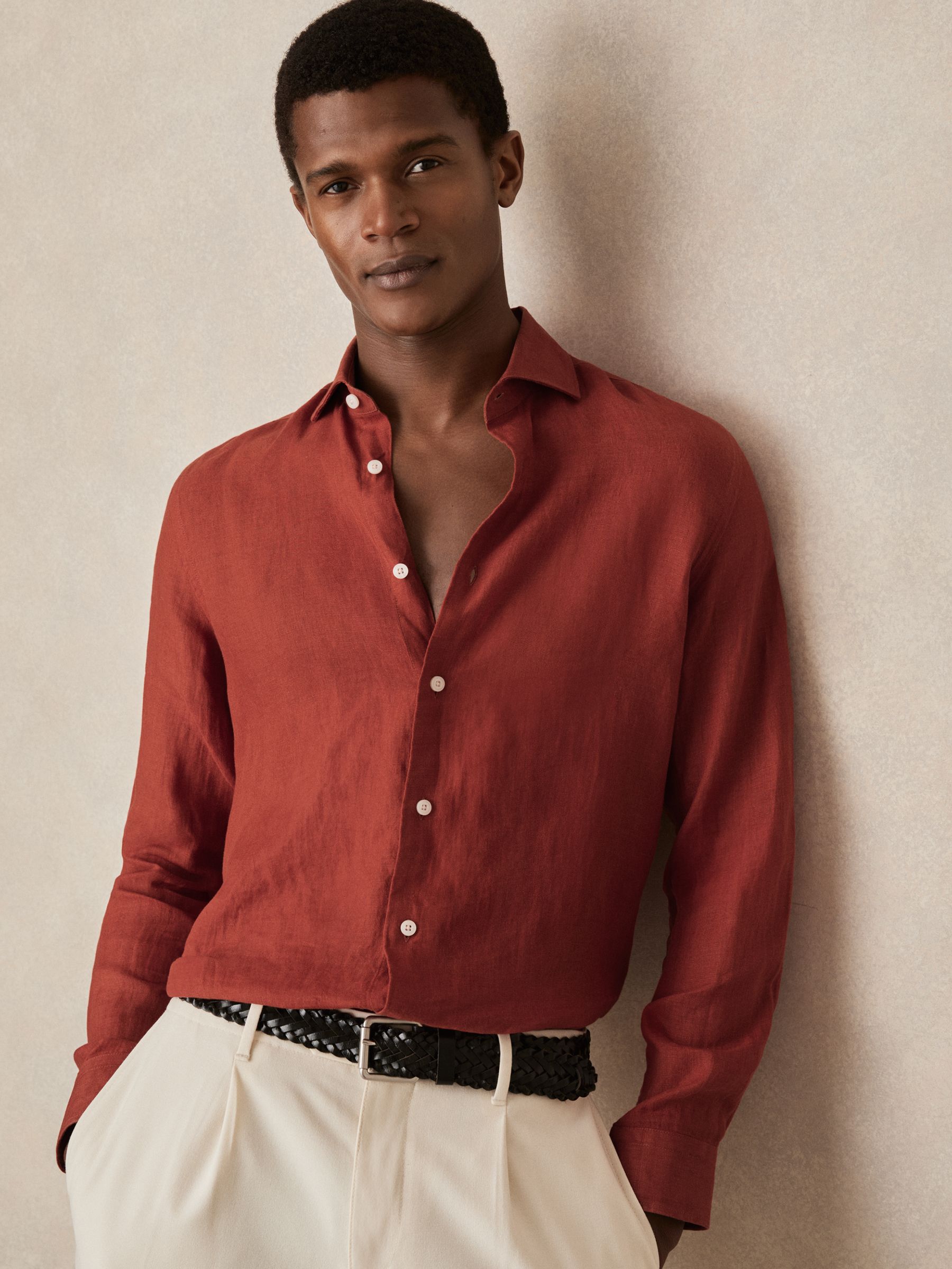 Linen Button-Through Shirt in Paprika Red