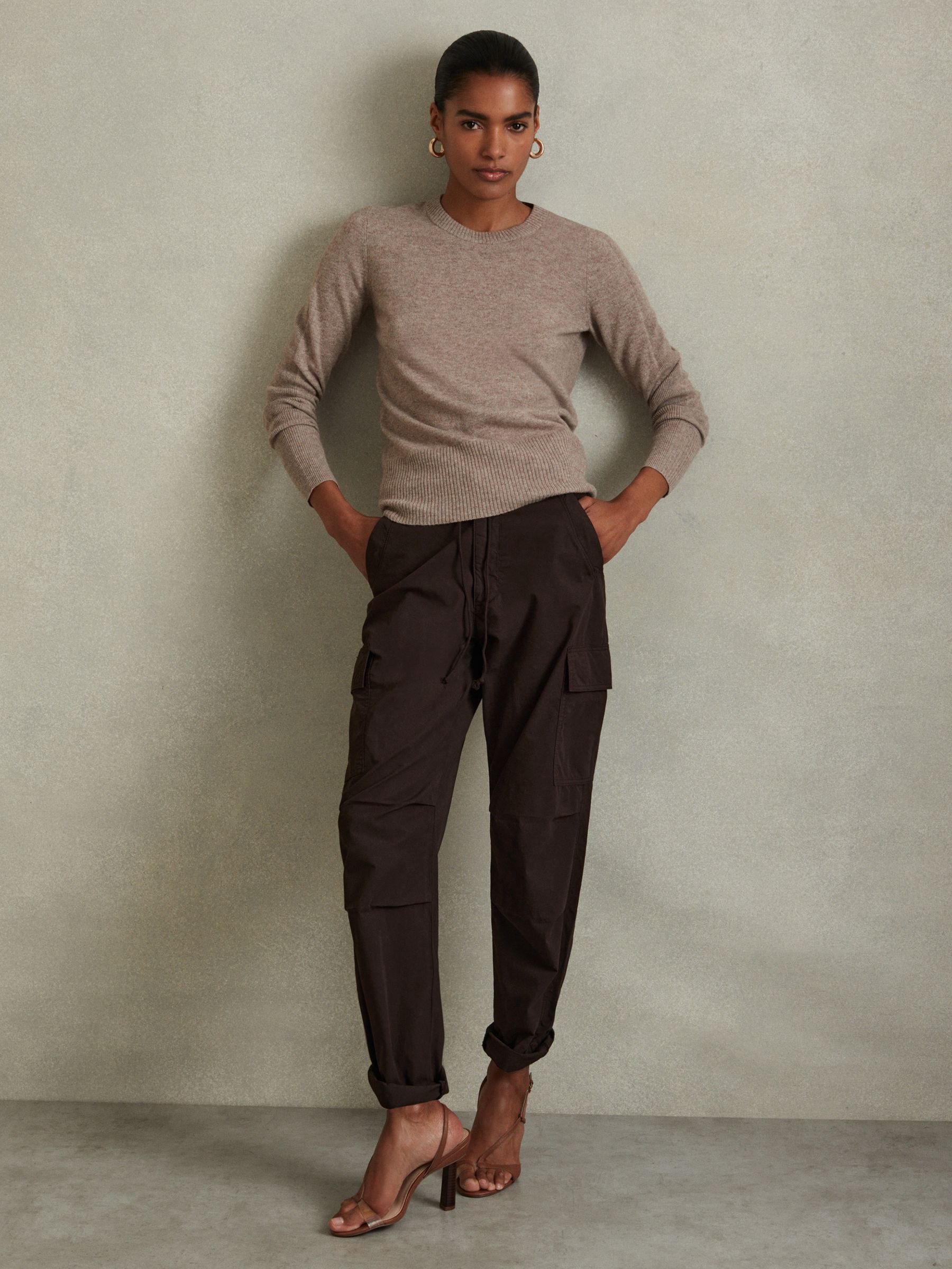 Tapered Drawstring Cotton Combat Trousers in Chocolate
