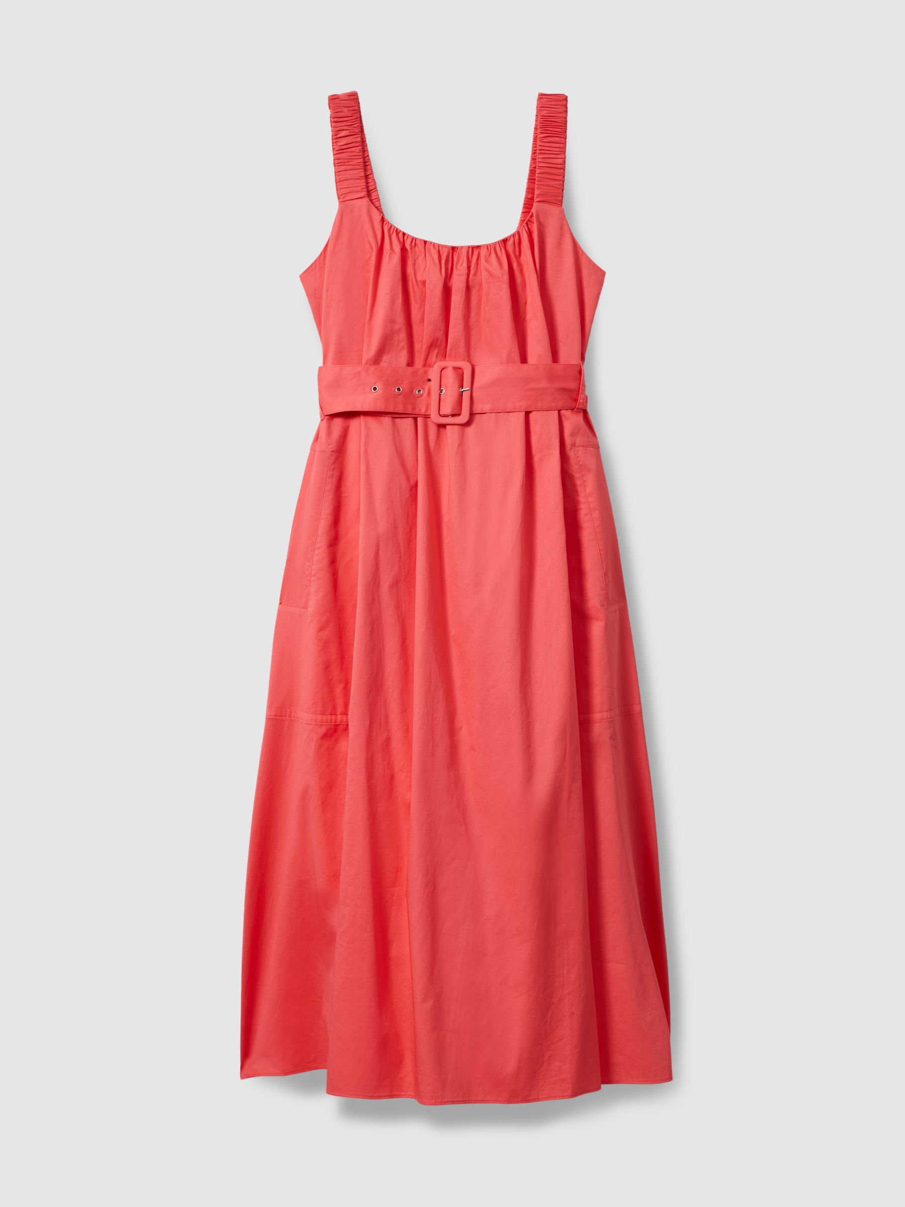 Cotton Ruched Strap Belted Midi Dress in Coral