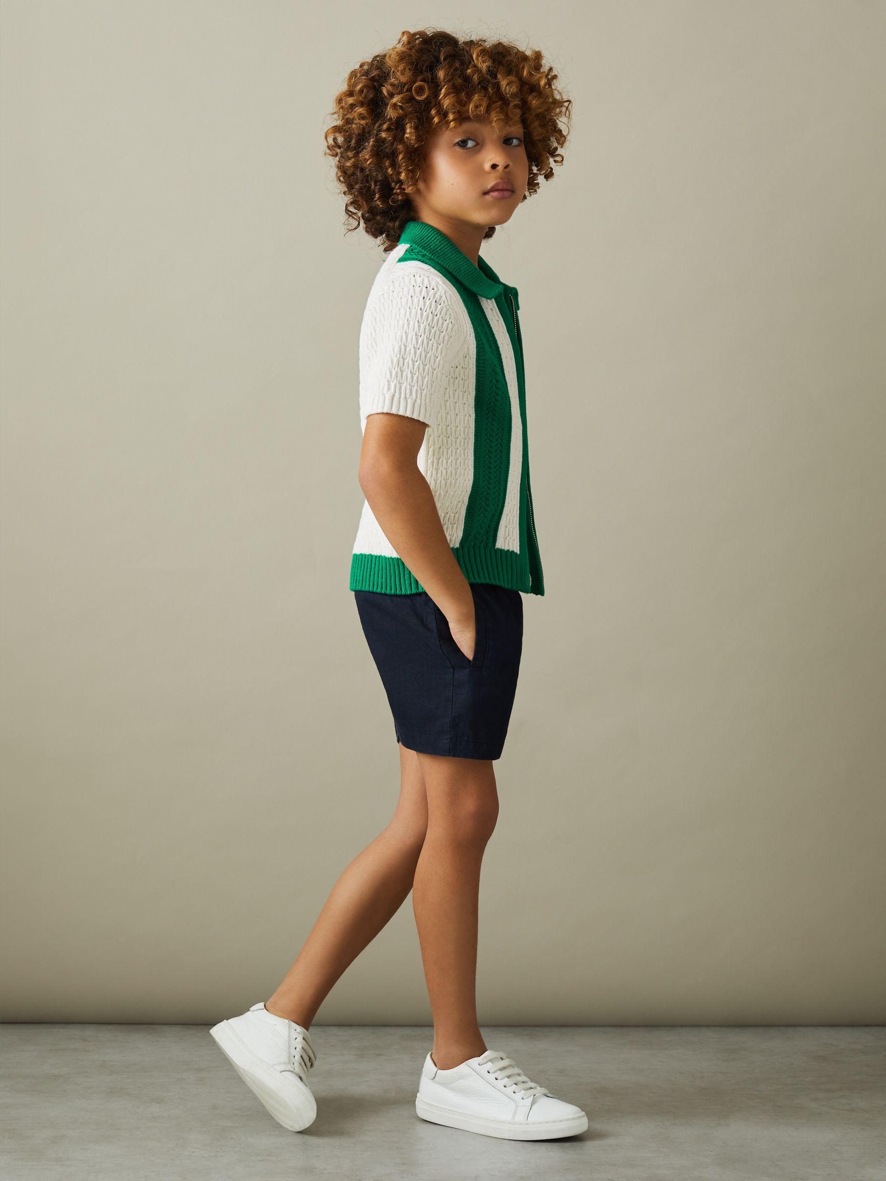 3-9 yrs Knitted Cotton Zip-Front Shirt in White/Bright Green