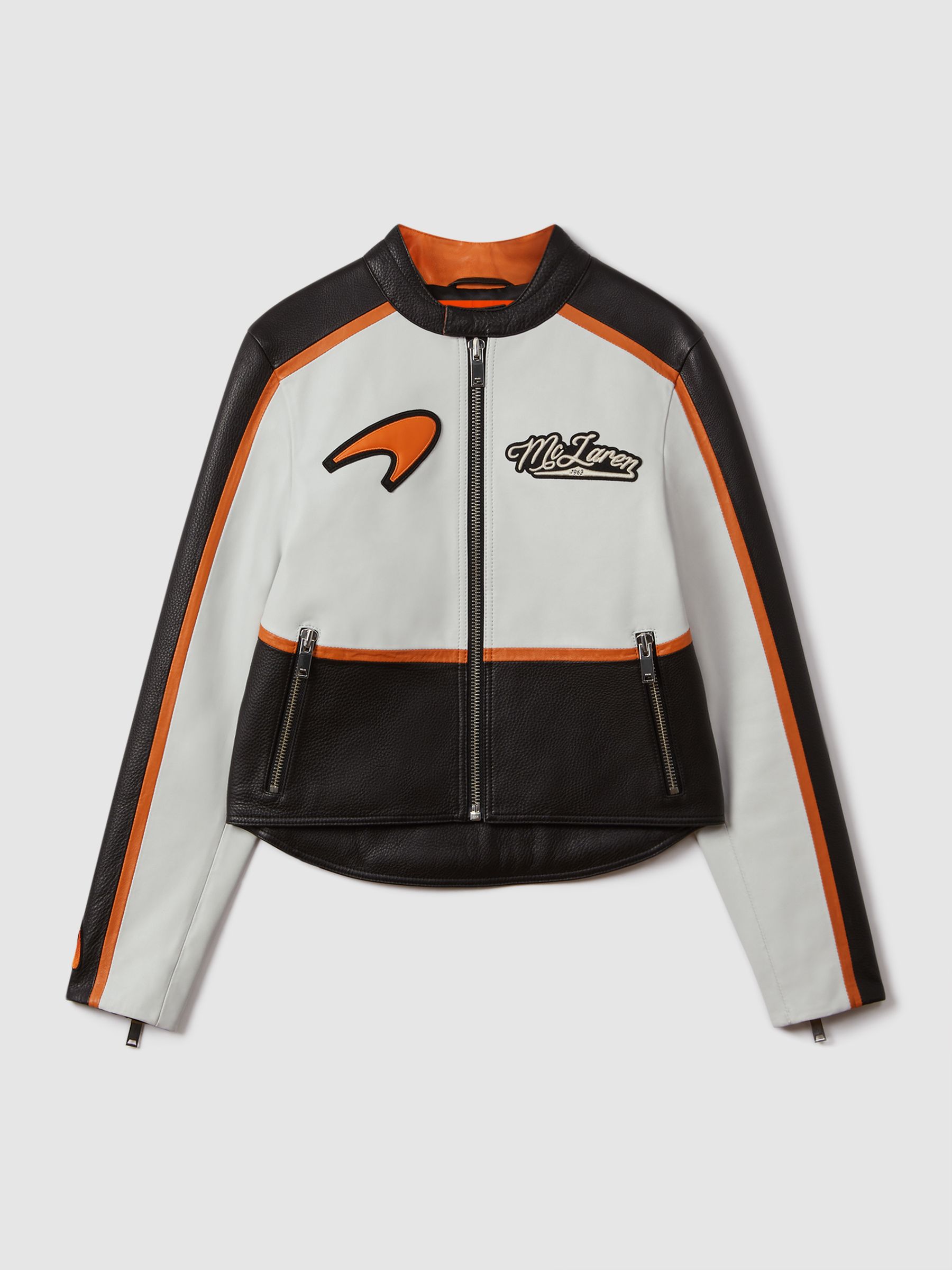 McLaren F1 Colourblock Leather Biker Jacket in Black/Papaya