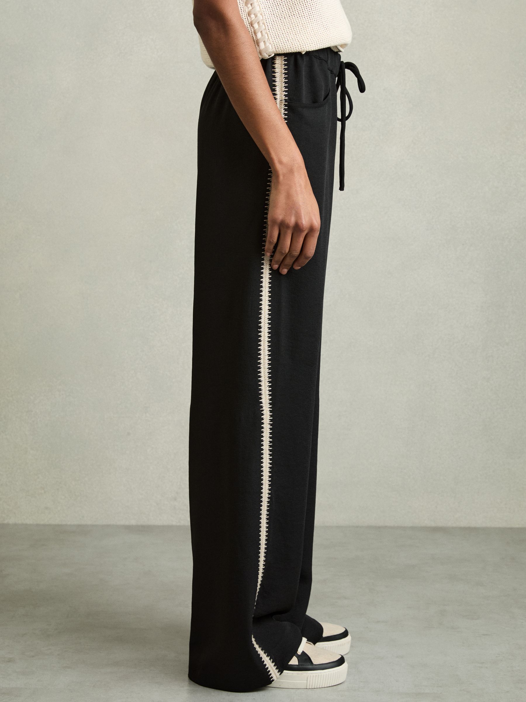 Petite Wide-Leg Embroidered Trousers in Black