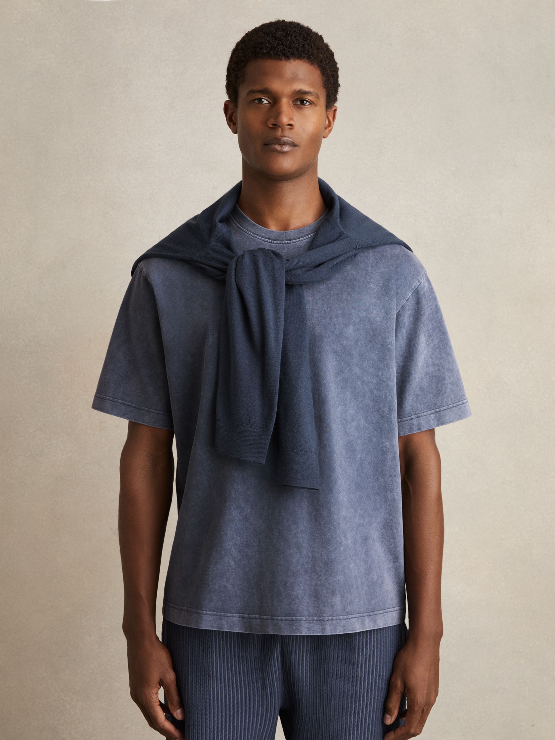 Cotton Garment-Dyed Oversize T-Shirt in Indigo Blue