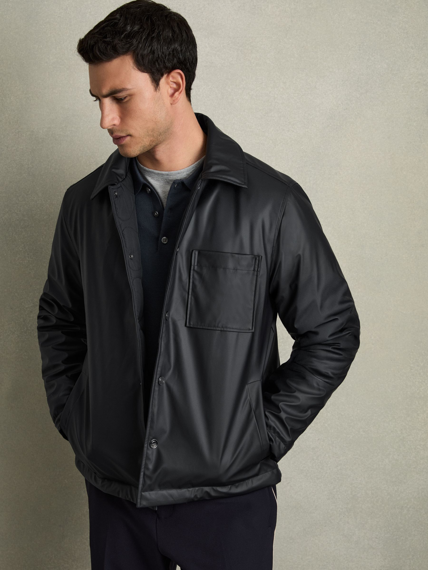 Padded Technical Press-Stud Overshirt in Navy