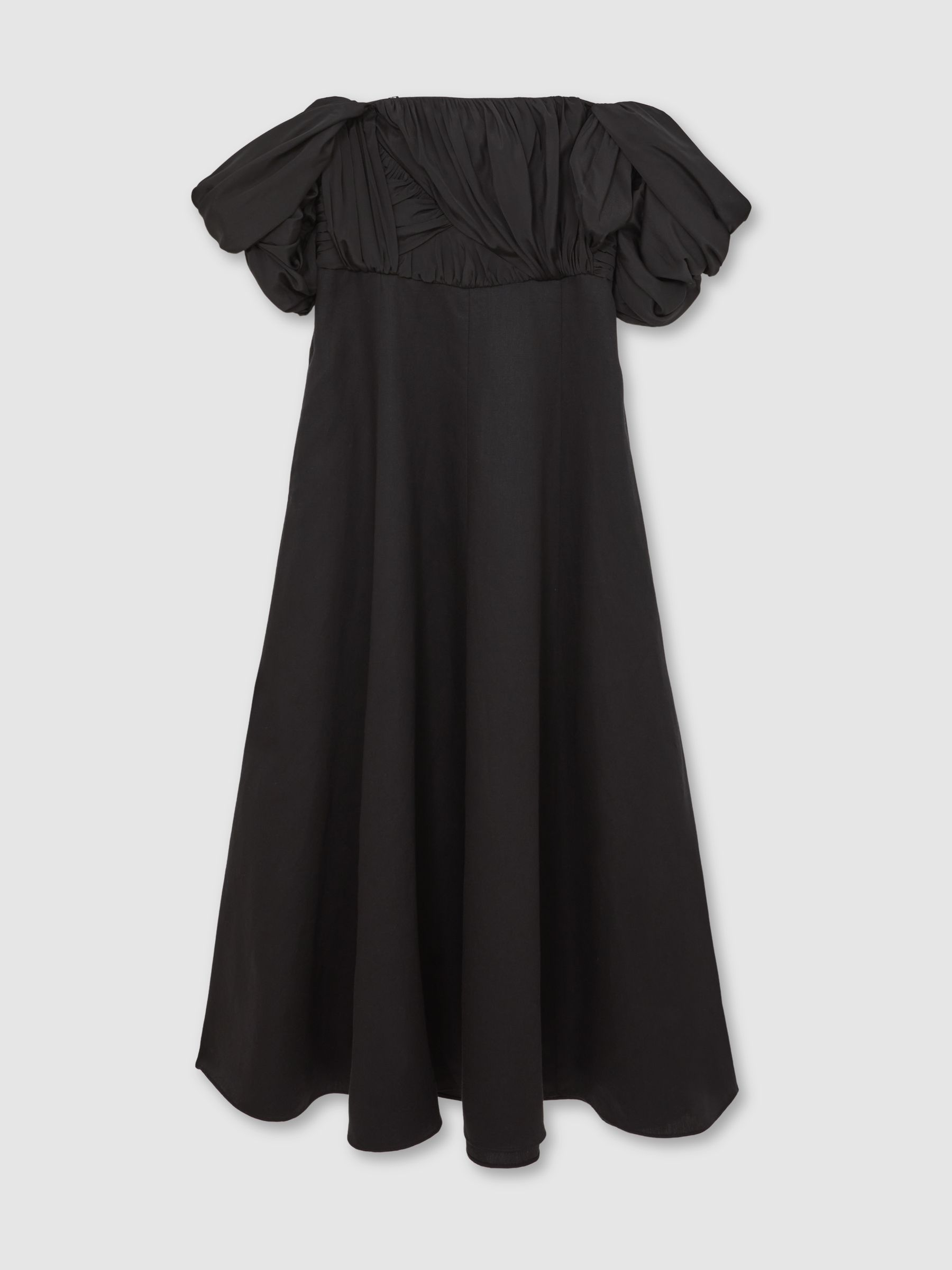 Bardot Sculpted Bodice Midi Dress With Linen in Black