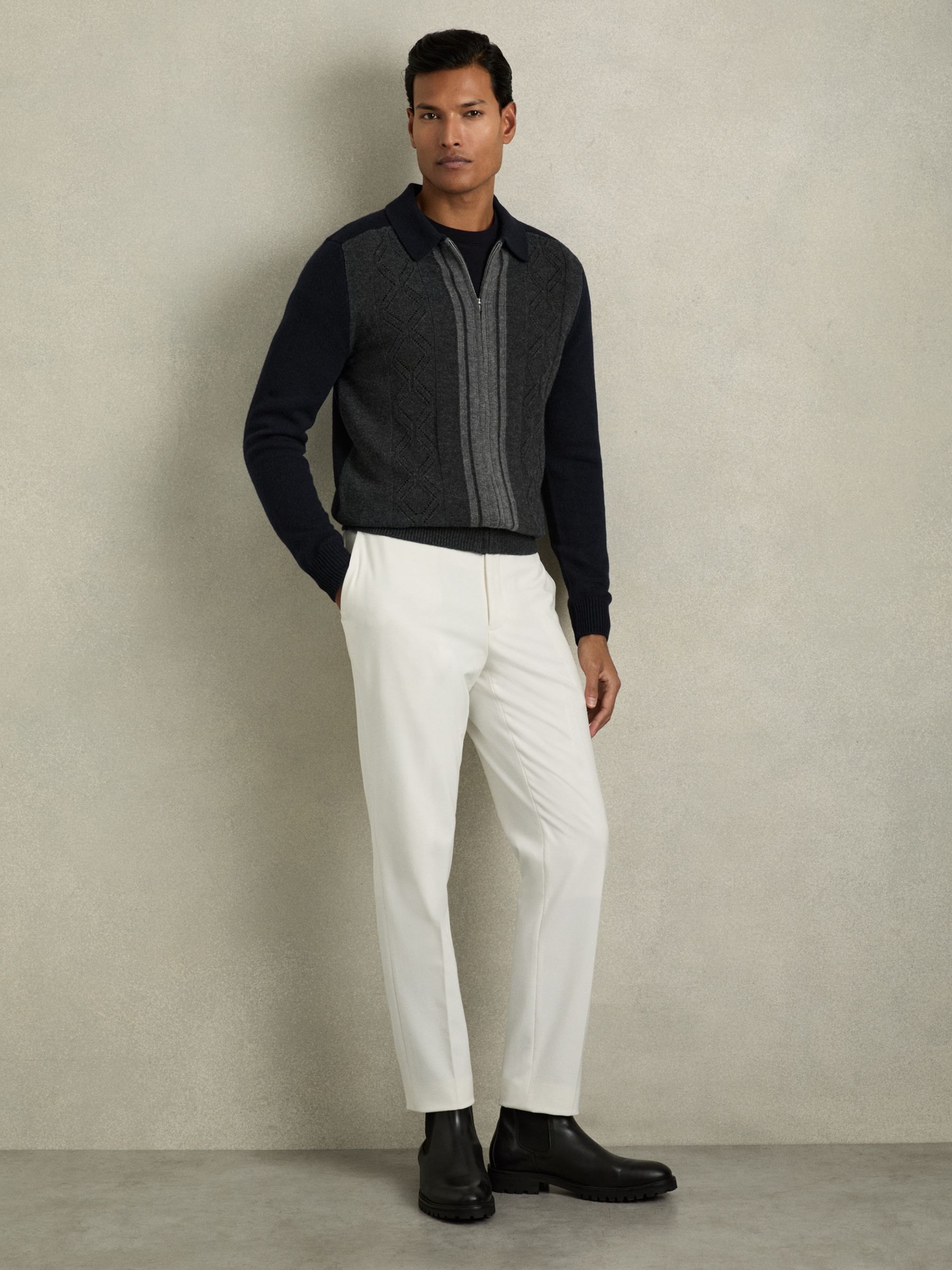 Wool Colour-Block Zip-Through Cardigan in Navy/Grey